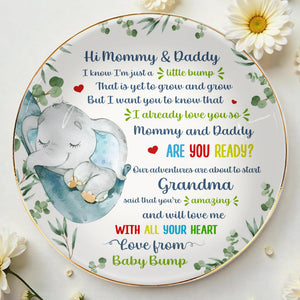 Hi Mommy & Daddy, I Know I'm Just A Little Bump, Elephant and Hearts - Personalized Custom Jewelry Dish, Ceramic Dish, Round Shape - FAM290_RCRF