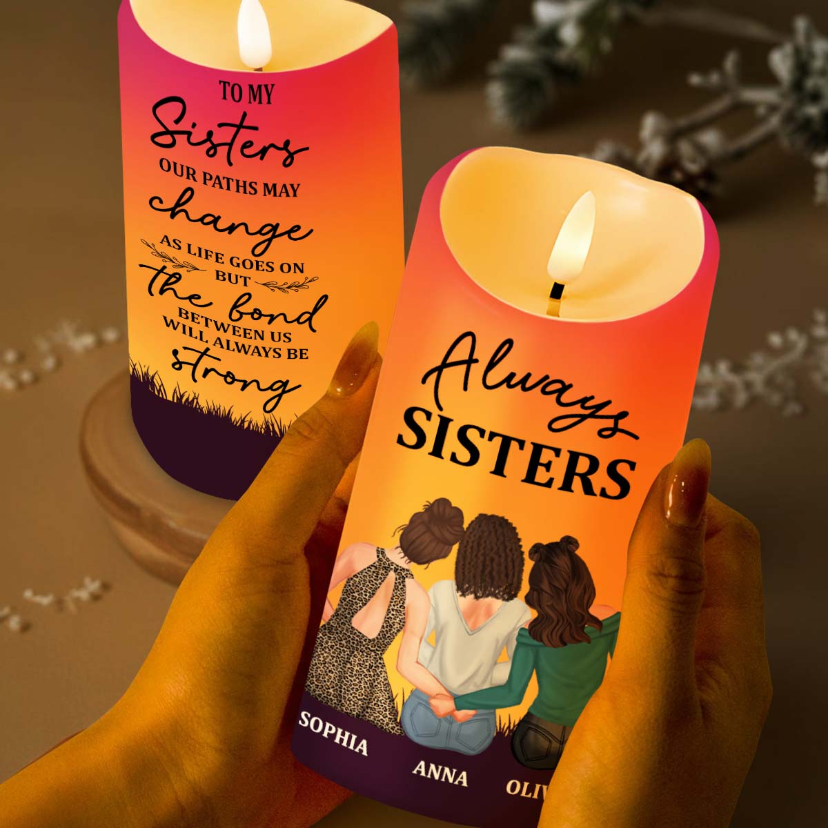 Always Sisters The Bond Between Us Forever Unity Candle - Personalized Custom LED Candle - FAM296_LECA