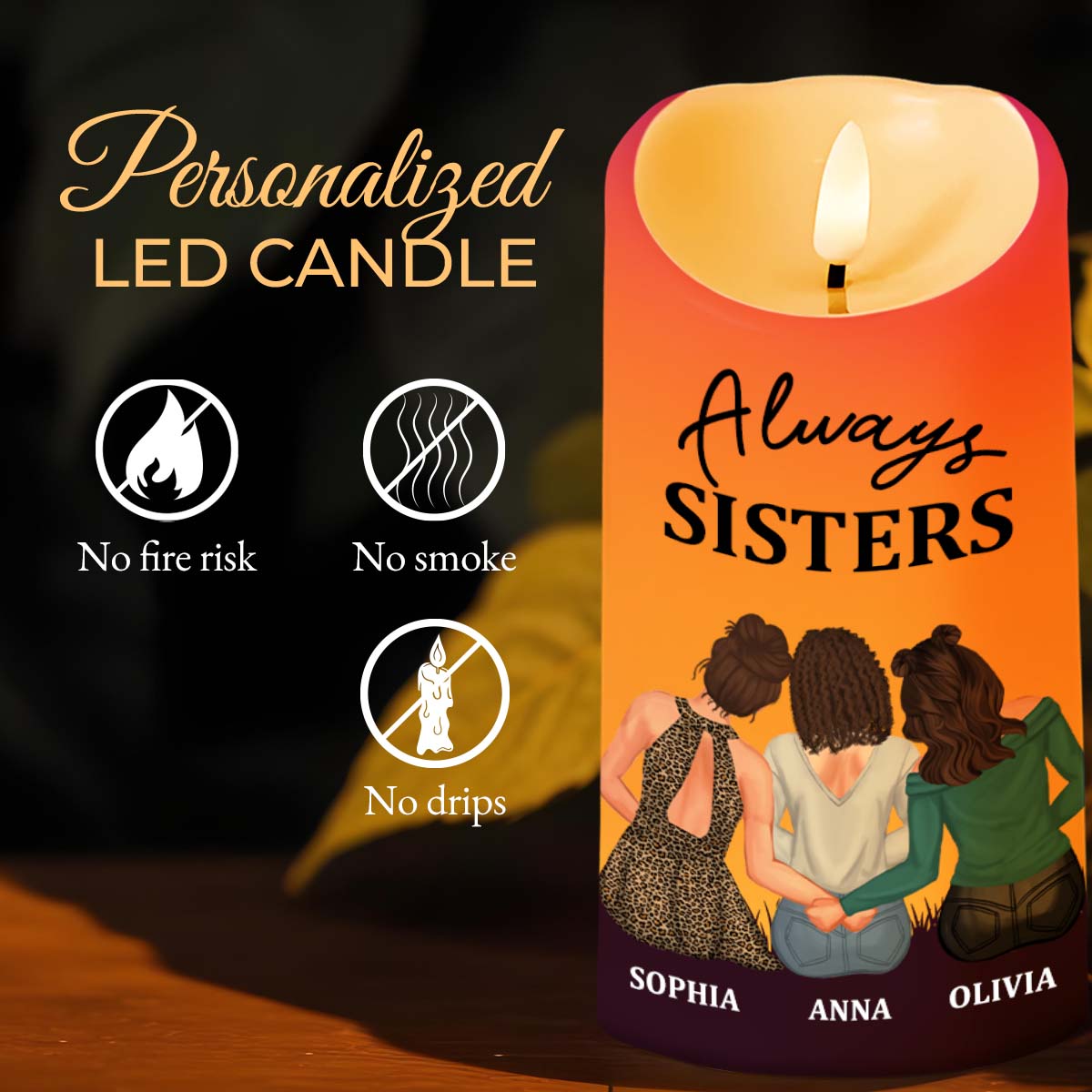 Always Sisters The Bond Between Us Forever Unity Candle - Personalized Custom LED Candle - FAM296_LECA