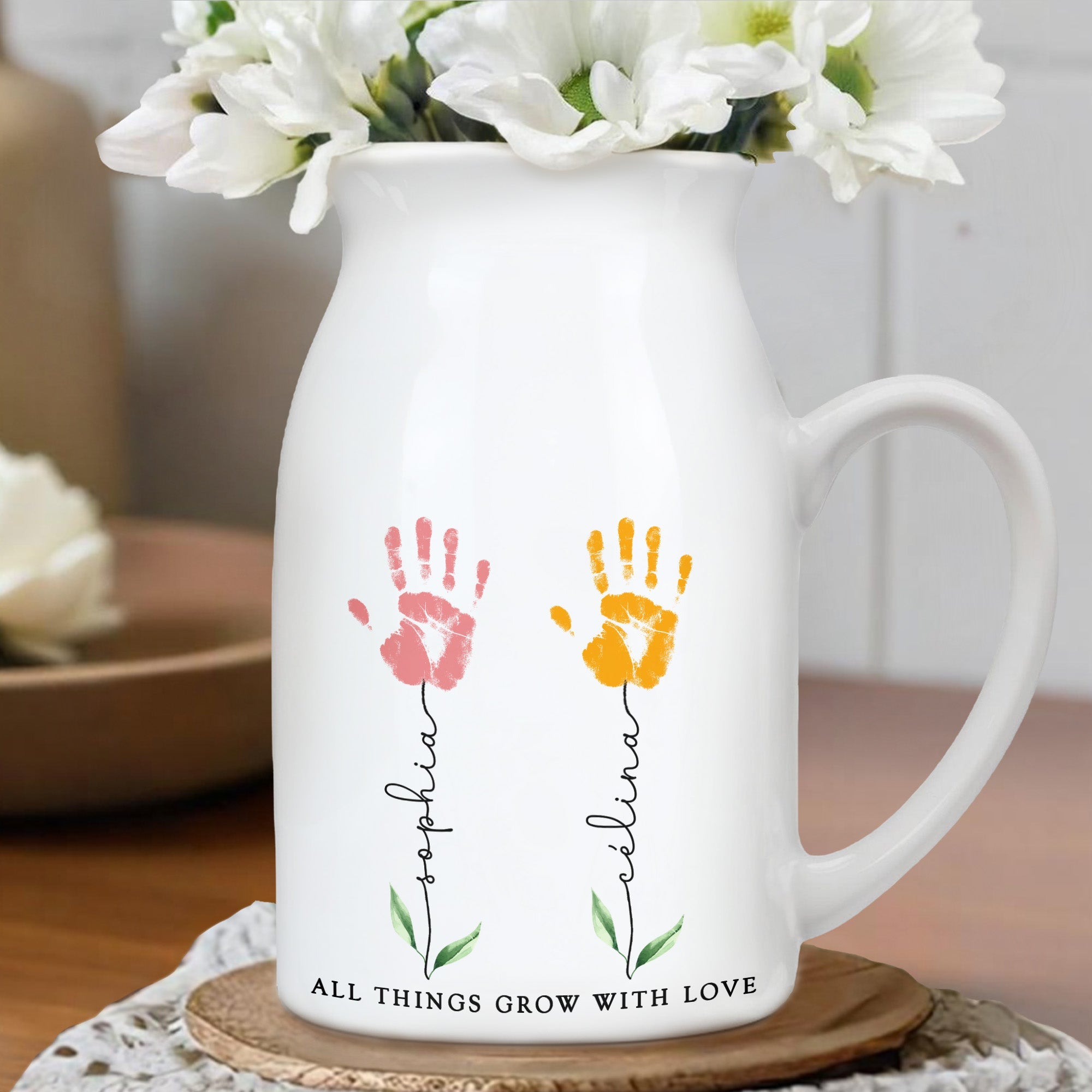 All Things Grow With Love, Handprints and Flowers - Personalized Ceramic Flower Vase