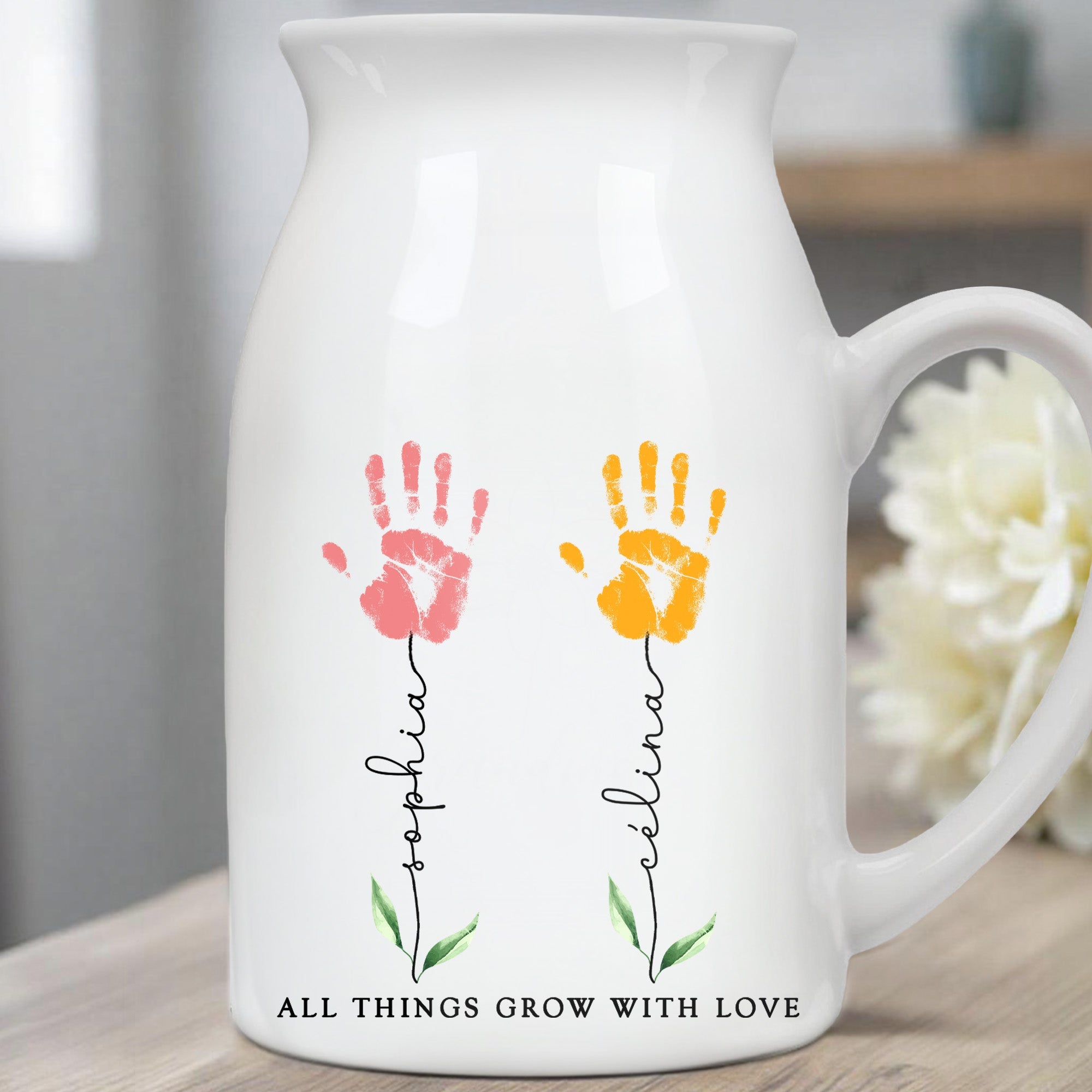 All Things Grow With Love, Handprints and Flowers - Personalized Ceramic Flower Vase