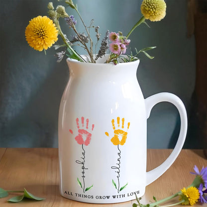 All Things Grow With Love, Handprints and Flowers - Personalized Ceramic Flower Vase
