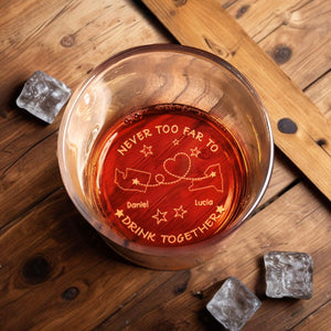 Never Too Far To Drink Together, States, Heart, Connecting Line, Stars - Personalized Engraved Whiskey Glass - FAM310_EWG