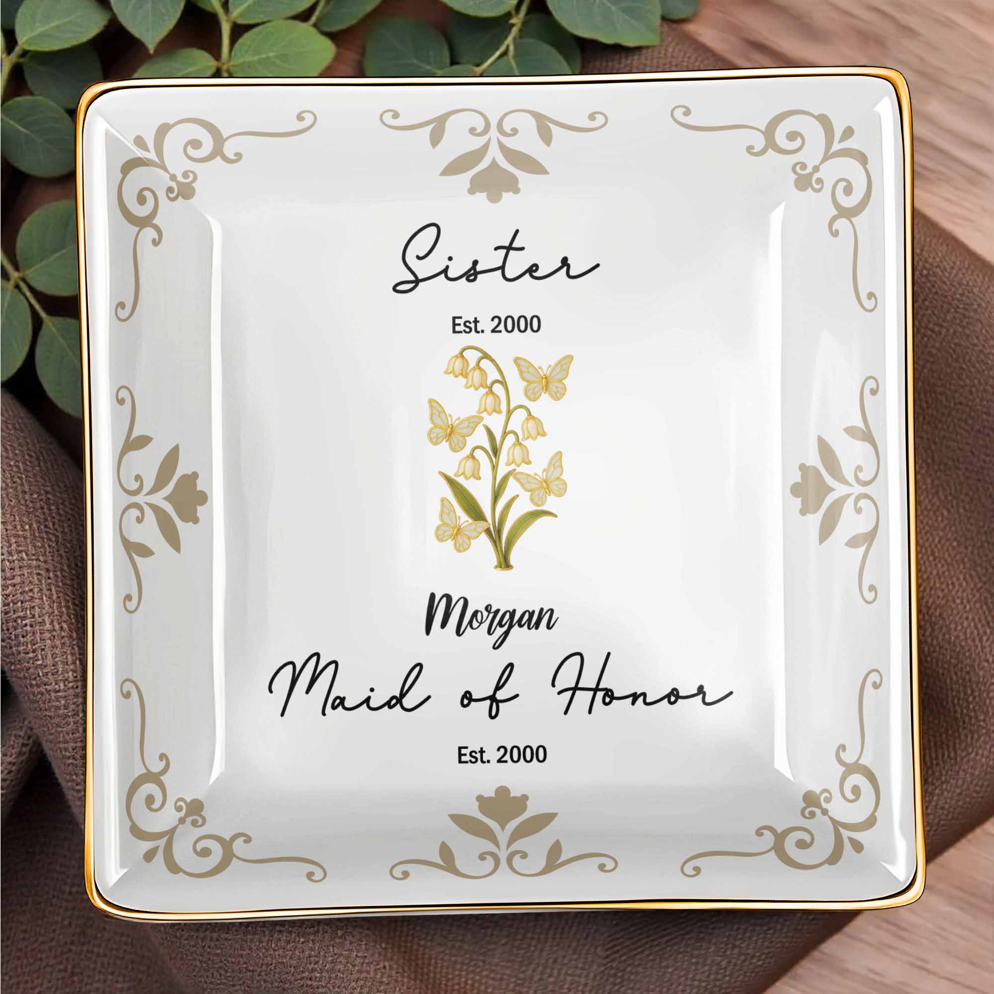 Sister Maid Of Honor With Elegant Floral Design - Personalized Custom Jewelry Dish, Ceramic Dish, Square Shape - FAM412_SCRF