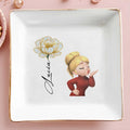 Square Ceramic Dish With Flower And Girl Blowing A Kiss - Personalized Custom Jewelry Dish, Square Ceramic Dish - FAM654_SCRD