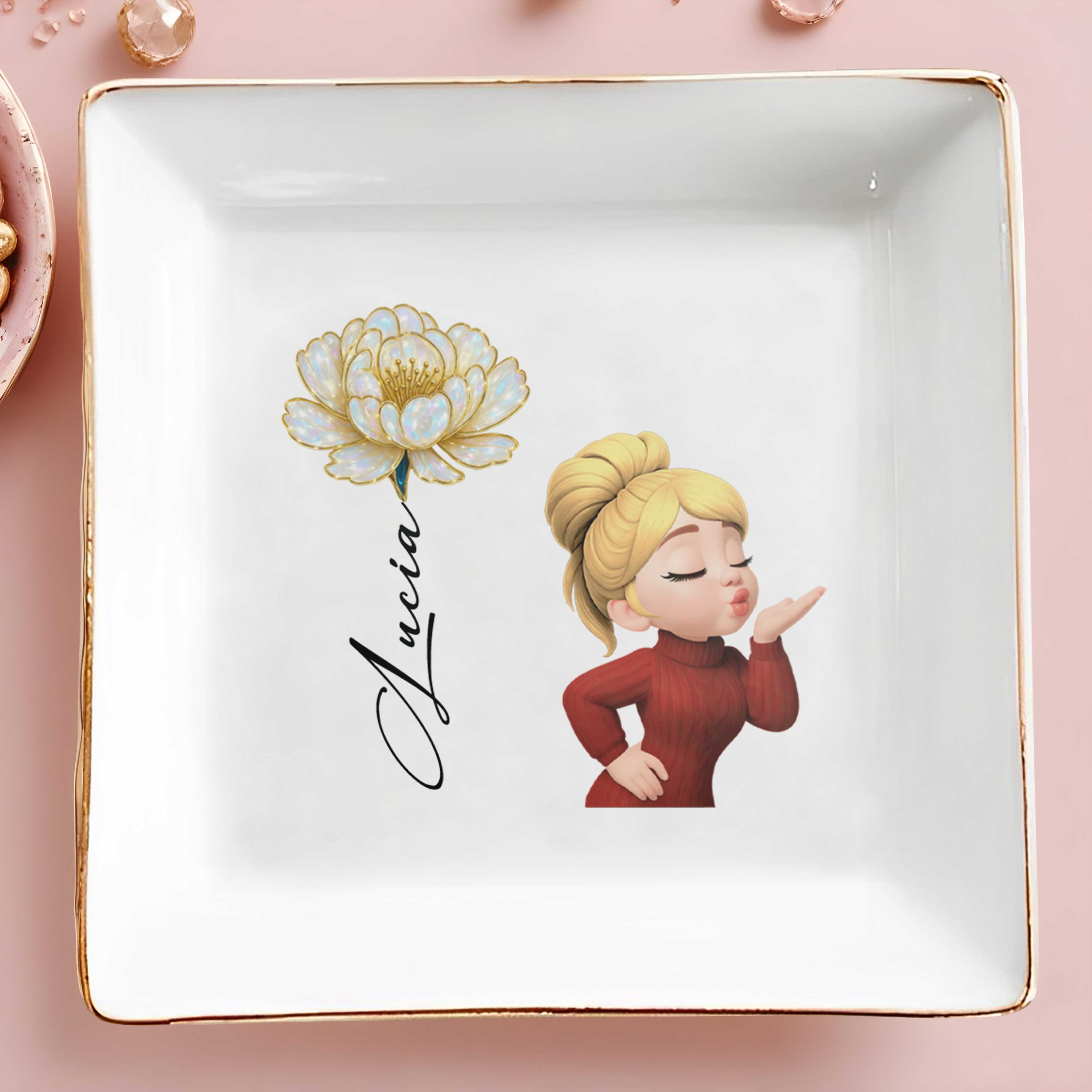 Square Ceramic Dish With Flower And Girl Blowing A Kiss - Personalized Custom Jewelry Dish, Square Ceramic Dish - FAM654_SCRD