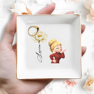 Square Ceramic Dish With Flower And Girl Blowing A Kiss - Personalized Custom Jewelry Dish, Square Ceramic Dish - FAM654_SCRD