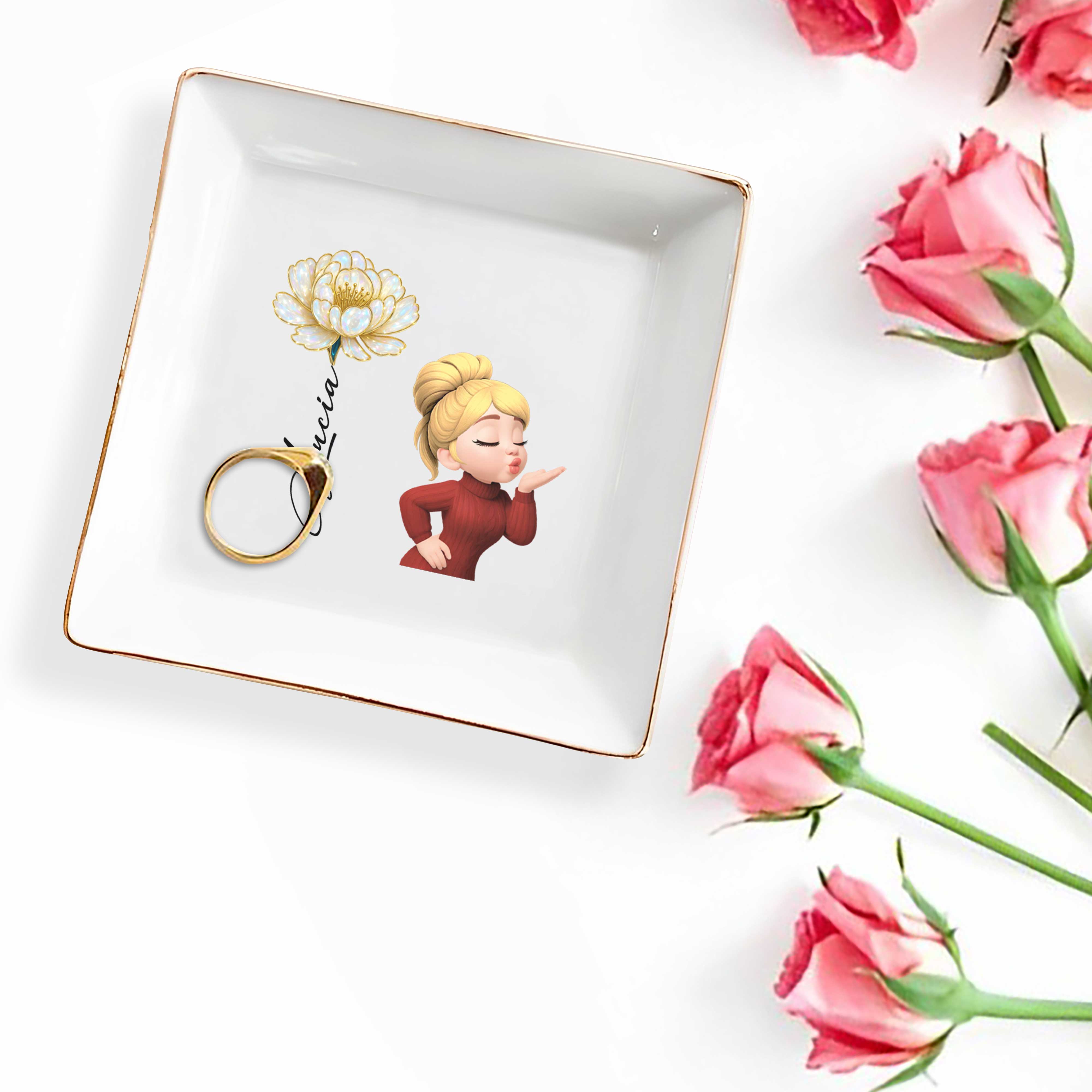 Square Ceramic Dish With Flower And Girl Blowing A Kiss - Personalized Custom Jewelry Dish, Square Ceramic Dish - FAM654_SCRD