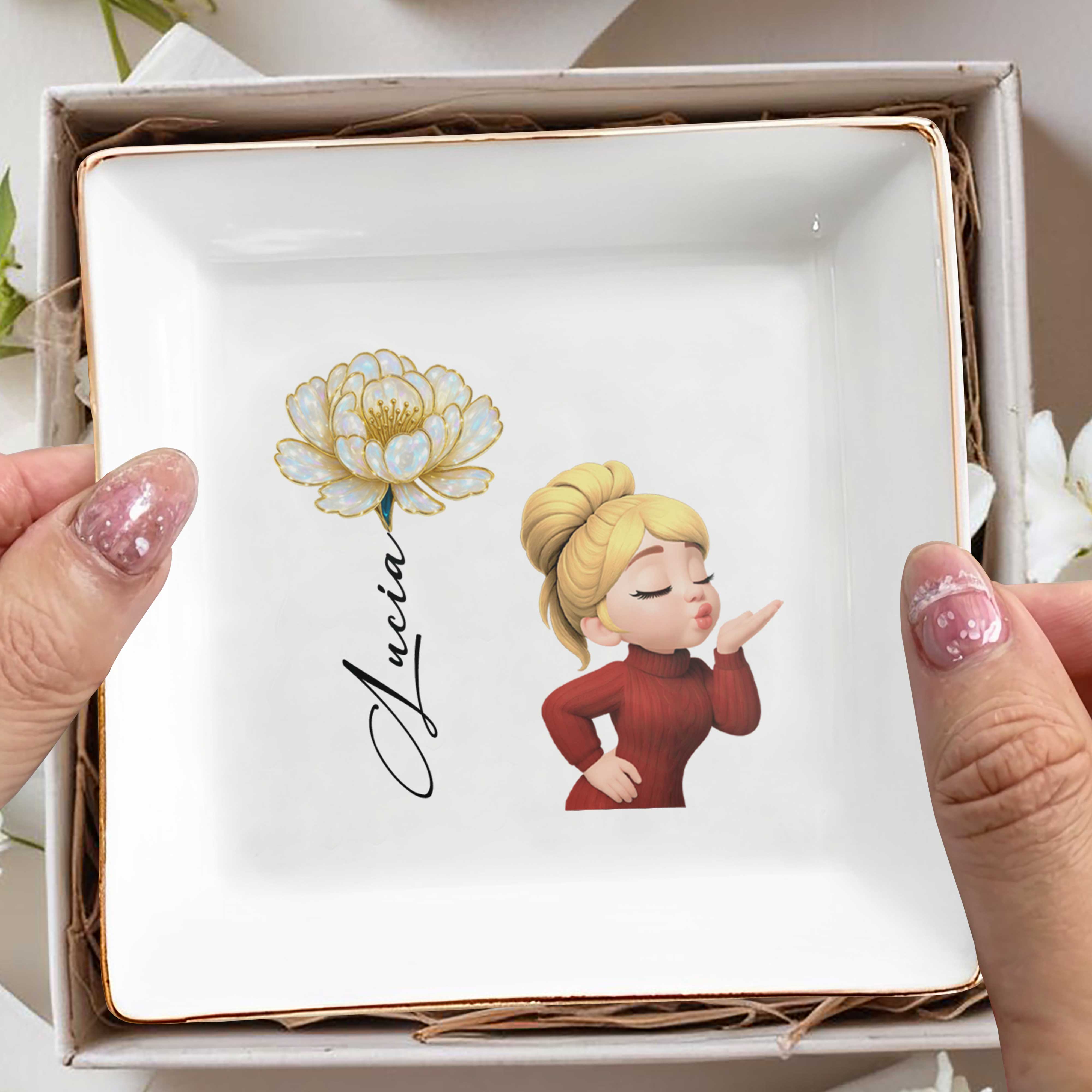 Square Ceramic Dish With Flower And Girl Blowing A Kiss - Personalized Custom Jewelry Dish, Square Ceramic Dish - FAM654_SCRD