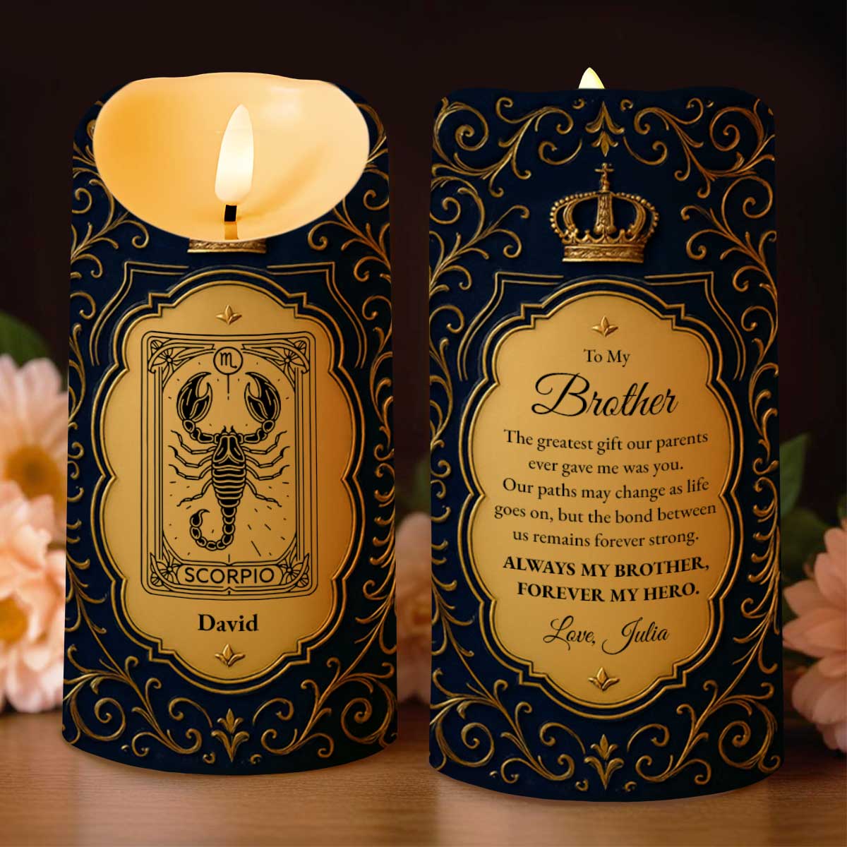 To My Brother, The Greatest Gift, Zodiac Sign And Crown Design - Personalized Custom LED Candle - FAM665_LECA