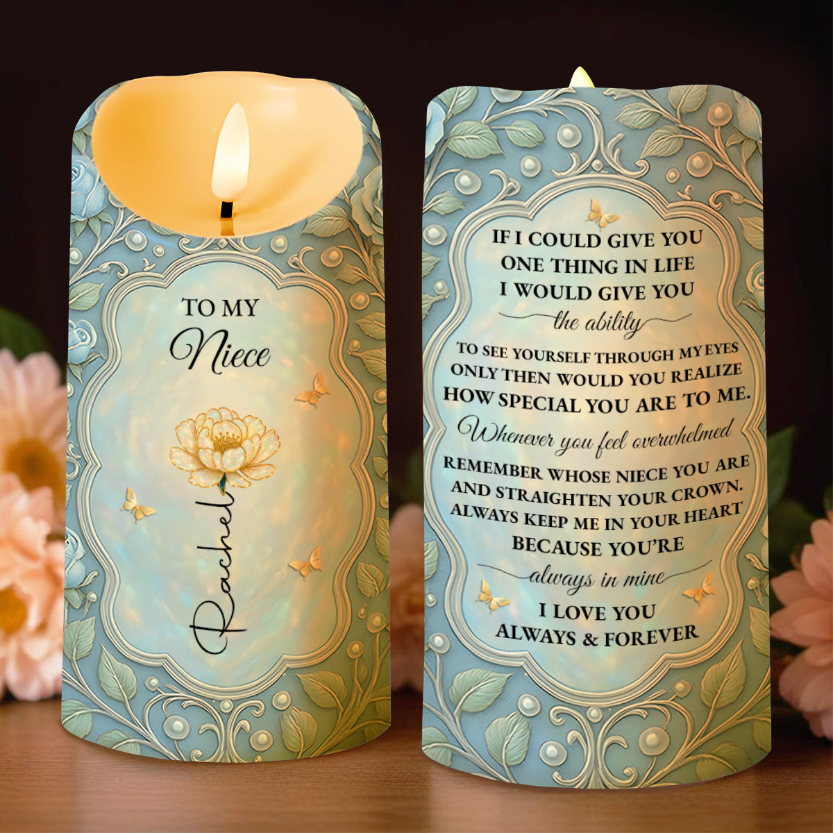 To My Niece, Flower And Butterfly Design - Personalized Custom LED Candle - FAM687_LECA