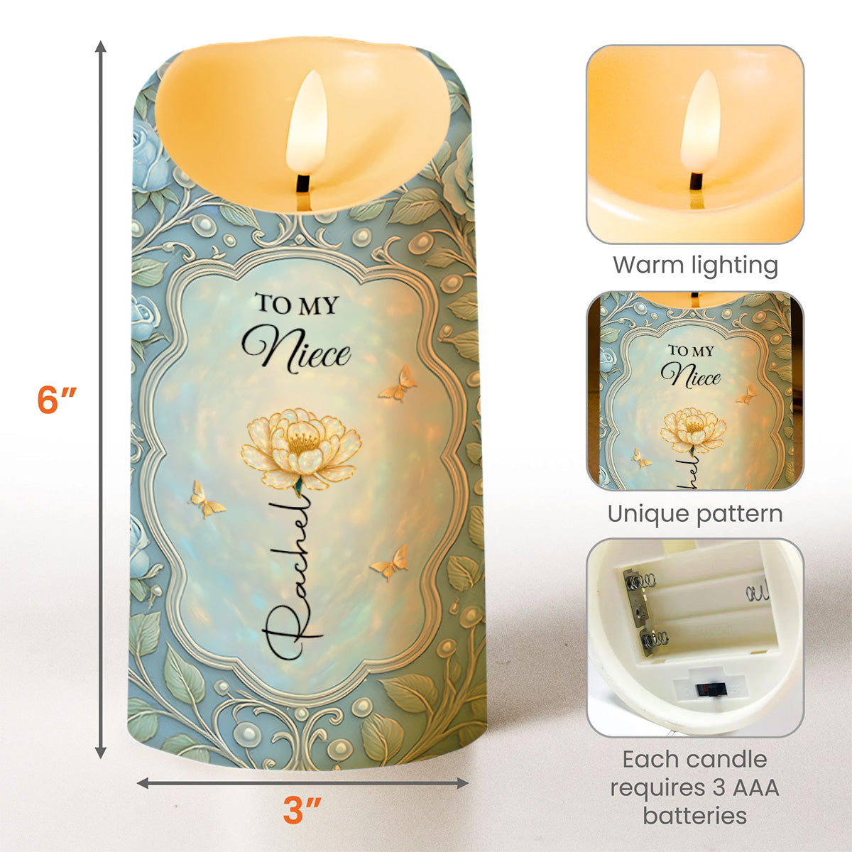 To My Niece, Flower And Butterfly Design - Personalized Custom LED Candle - FAM687_LECA