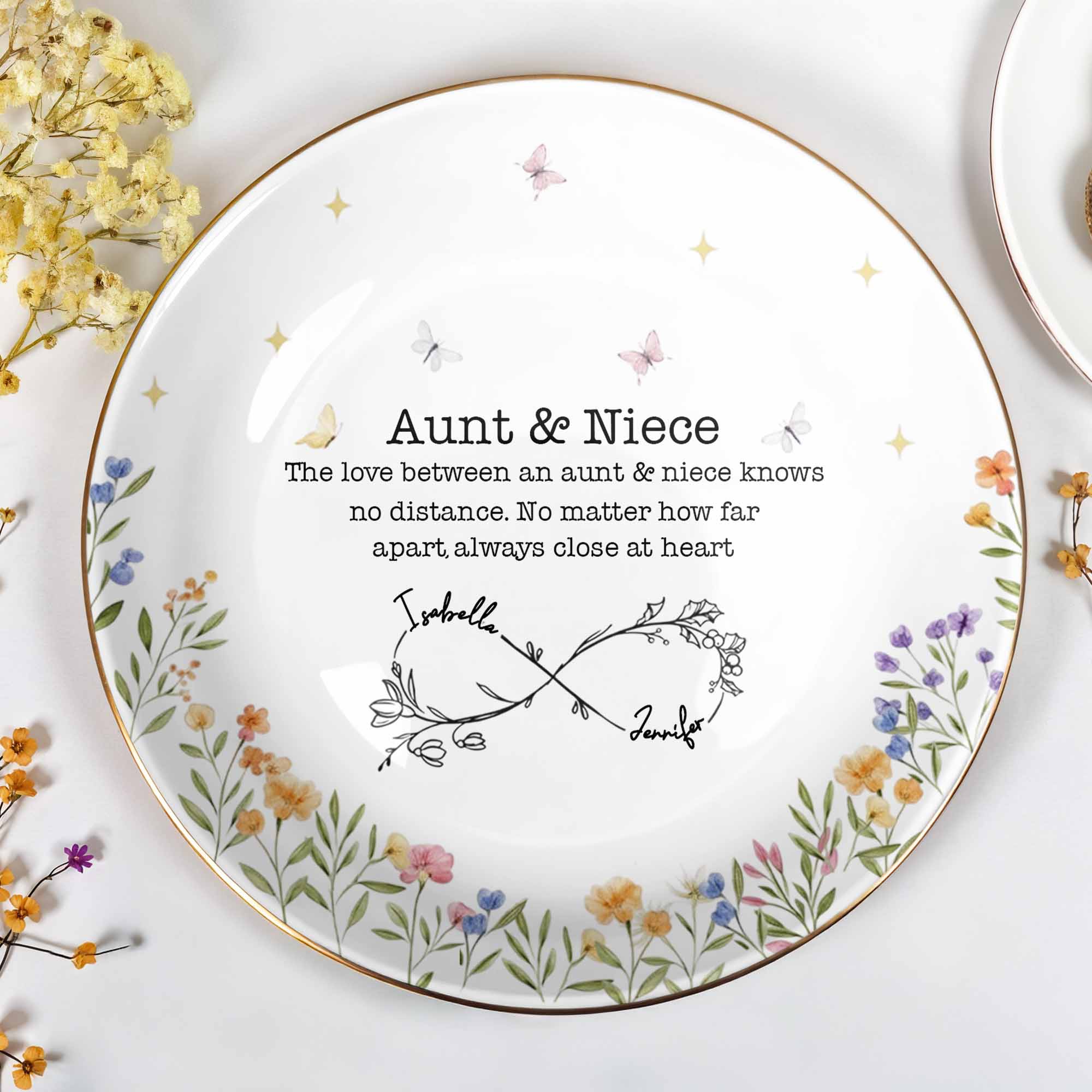Love Between Aunt & Niece, Floral And Butterfly Design - Personalized Custom Jewelry Dish, Ceramic Dish, Round Shape - FAM744_RCRF