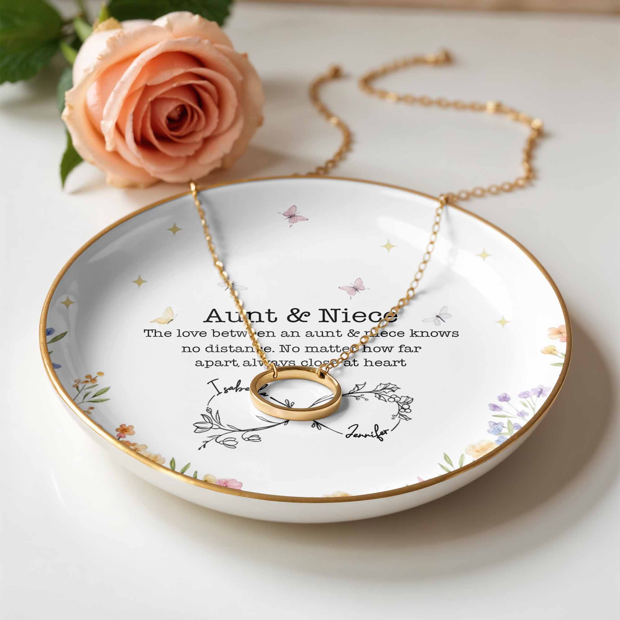Love Between Aunt & Niece, Floral And Butterfly Design - Personalized Custom Jewelry Dish, Ceramic Dish, Round Shape - FAM744_RCRF