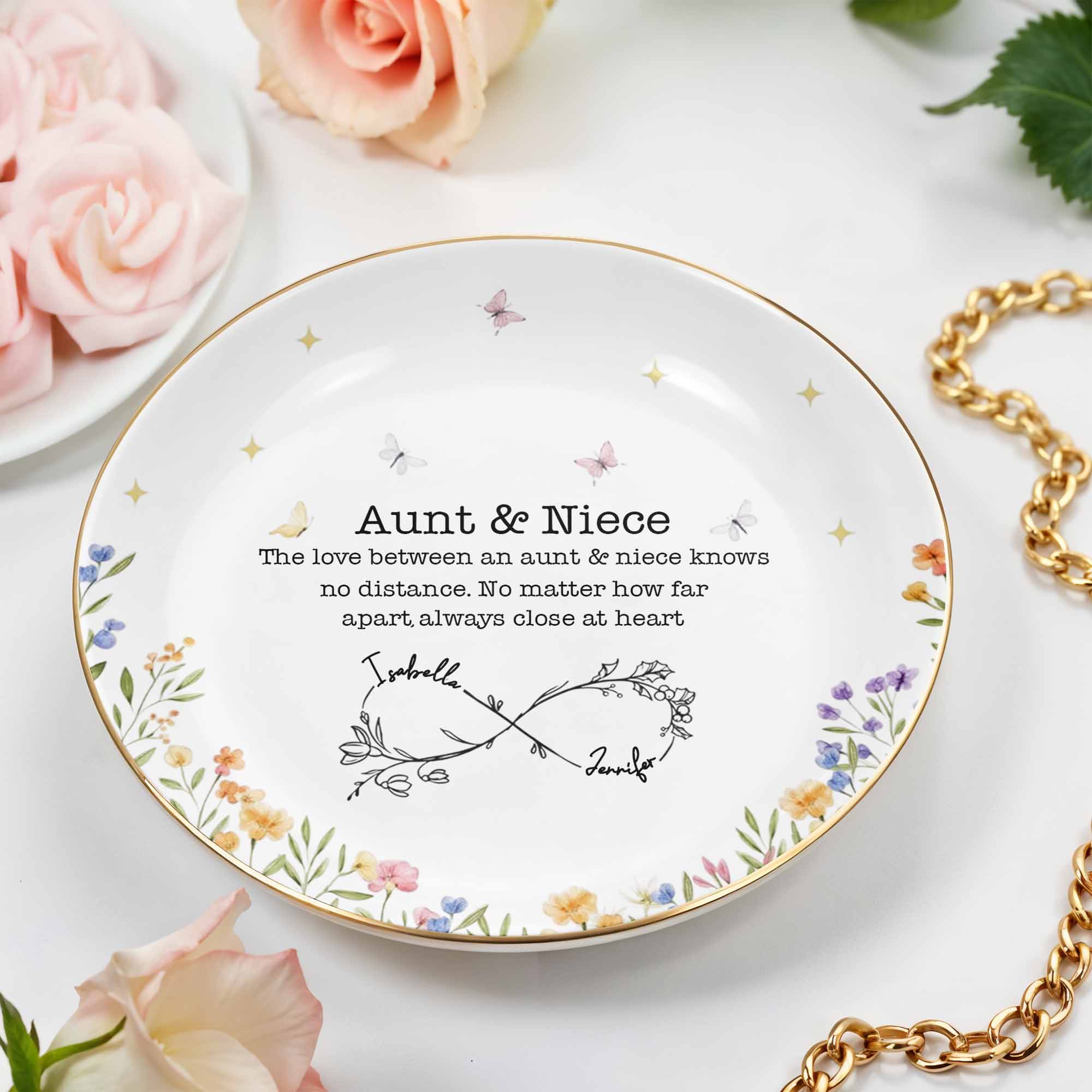 Love Between Aunt & Niece, Floral And Butterfly Design - Personalized Custom Jewelry Dish, Ceramic Dish, Round Shape - FAM744_RCRF
