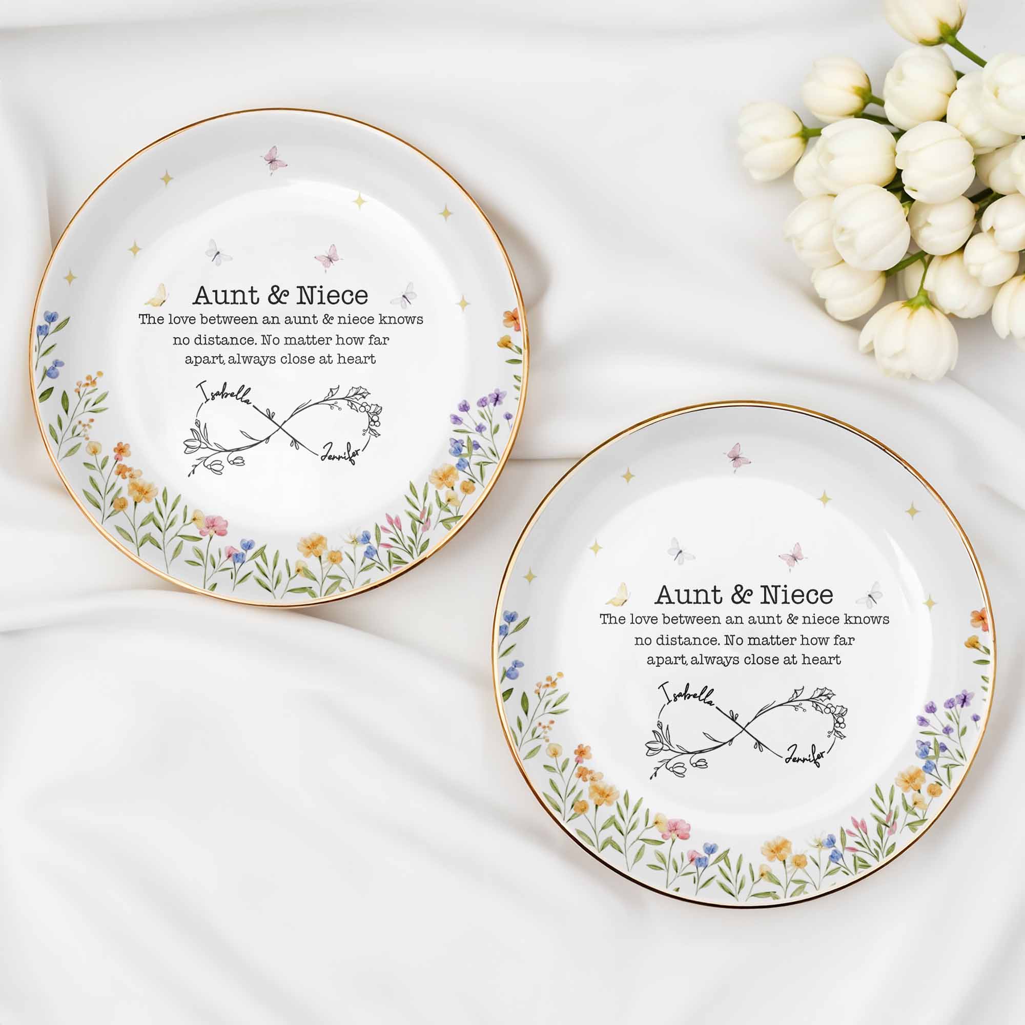 Love Between Aunt & Niece, Floral And Butterfly Design - Personalized Custom Jewelry Dish, Ceramic Dish, Round Shape - FAM744_RCRF