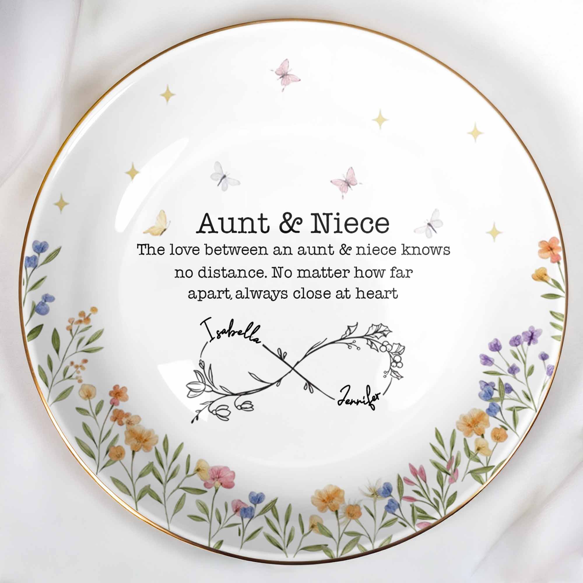 Love Between Aunt & Niece, Floral And Butterfly Design - Personalized Custom Jewelry Dish, Ceramic Dish, Round Shape - FAM744_RCRF