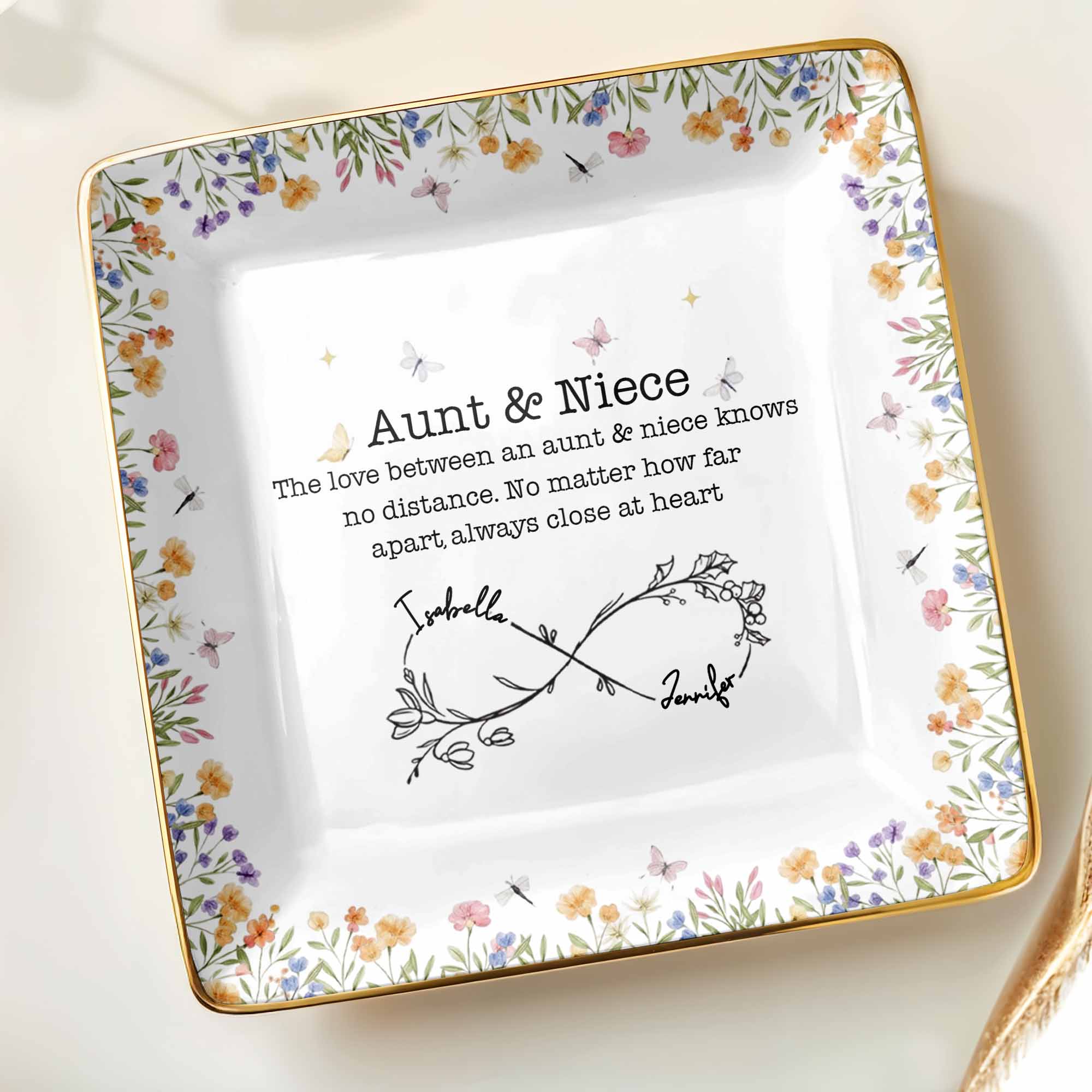 Aunt & Niece Love Knows No Distance, Flowers And Butterflies - Personalized Custom Jewelry Dish, Ceramic Dish, Square Shape - FAM744_SCRF