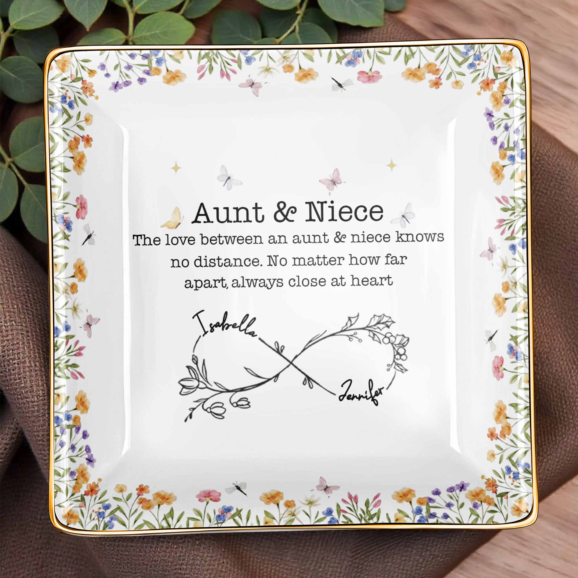 Aunt & Niece Love Knows No Distance, Flowers And Butterflies - Personalized Custom Jewelry Dish, Ceramic Dish, Square Shape - FAM744_SCRF