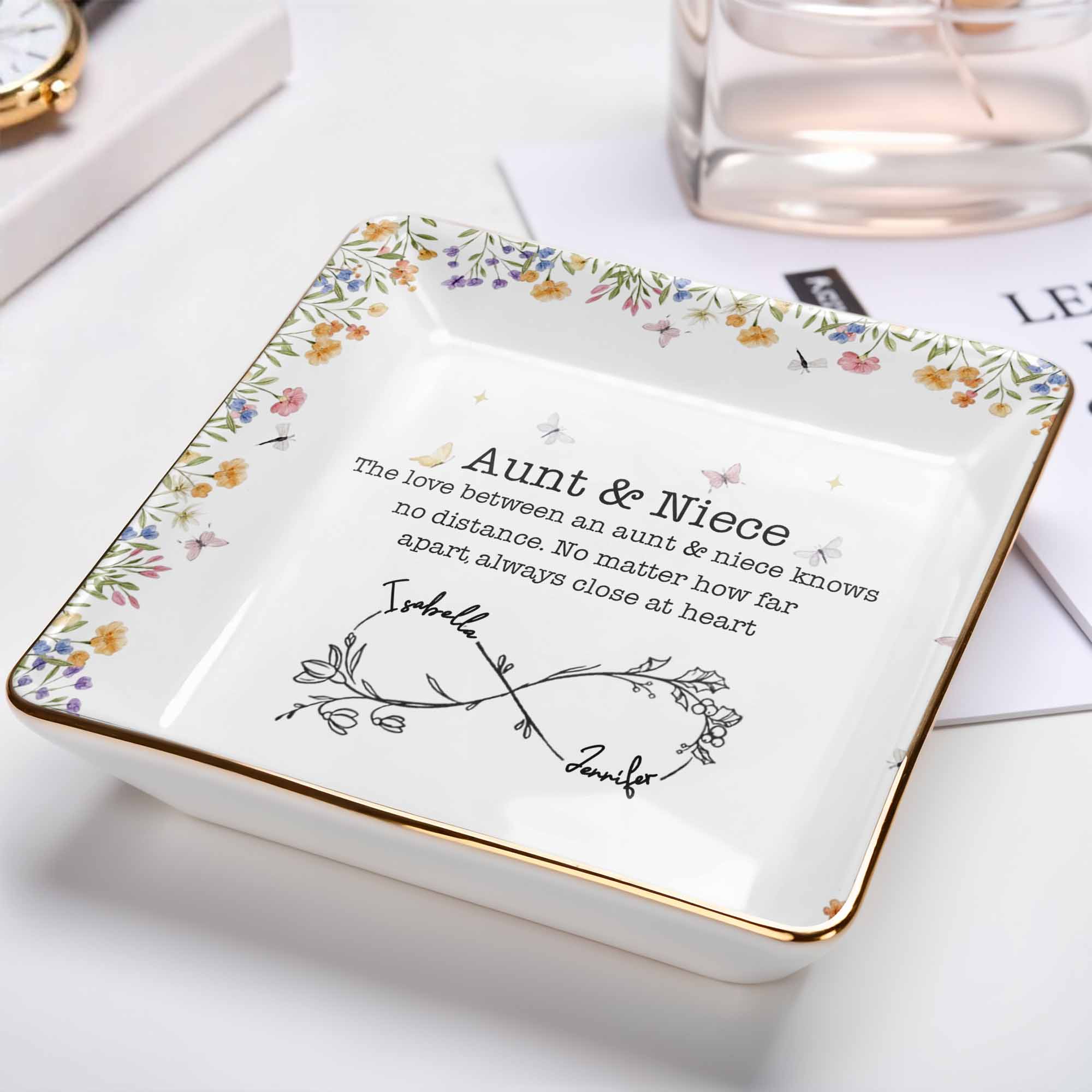 Aunt & Niece Love Knows No Distance, Flowers And Butterflies - Personalized Custom Jewelry Dish, Ceramic Dish, Square Shape - FAM744_SCRF