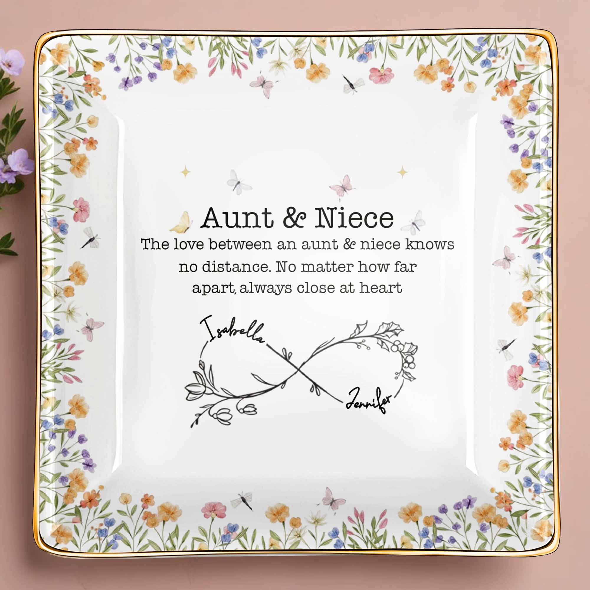 Aunt & Niece Love Knows No Distance, Flowers And Butterflies - Personalized Custom Jewelry Dish, Ceramic Dish, Square Shape - FAM744_SCRF