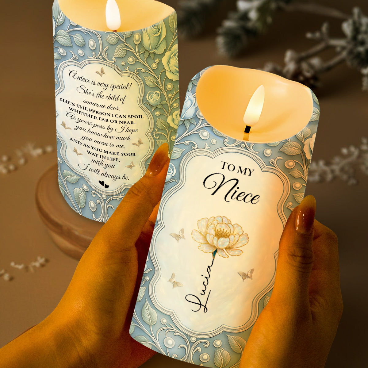 To My Niece, Flower And Butterflies Design - Personalized Custom LED Candle - FAM747_LECA