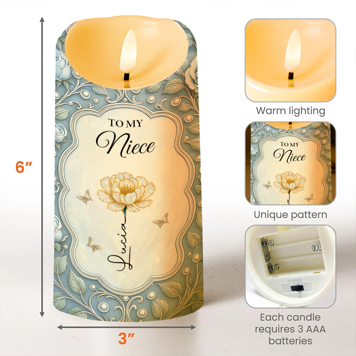 To My Niece, Flower And Butterflies Design - Personalized Custom LED Candle - FAM747_LECA