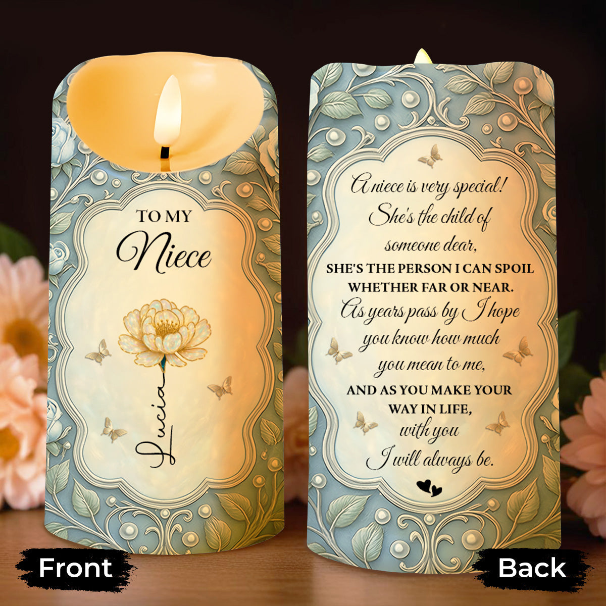 To My Niece, Flower And Butterflies Design - Personalized Custom LED Candle - FAM747_LECA