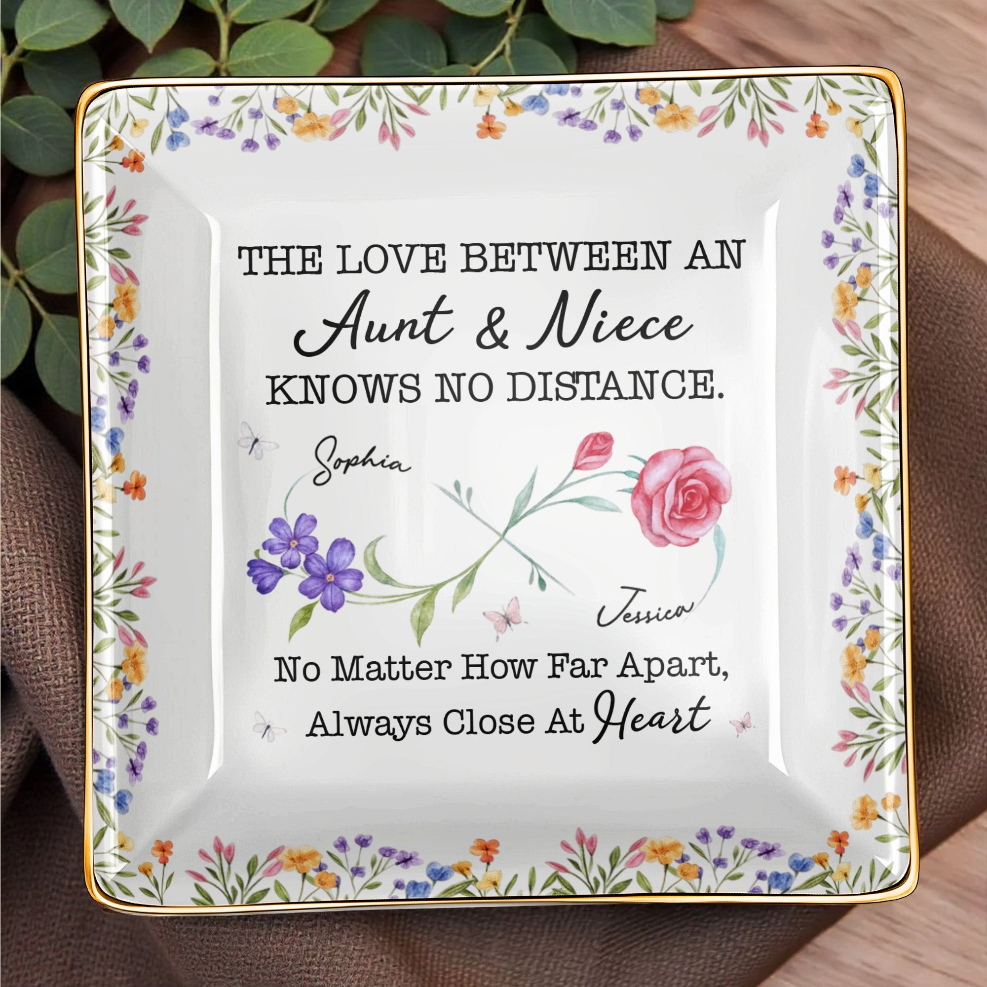 The Love Between An Aunt & Niece, Roses and Violets Design - Personalized Custom Jewelry Dish, Ceramic Dish, Square Shape - FAM752_SCRF