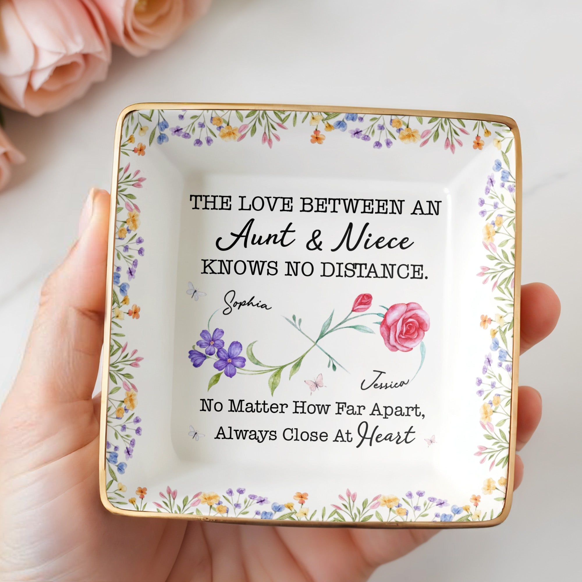 The Love Between An Aunt & Niece, Roses and Violets Design - Personalized Custom Jewelry Dish, Ceramic Dish, Square Shape - FAM752_SCRF