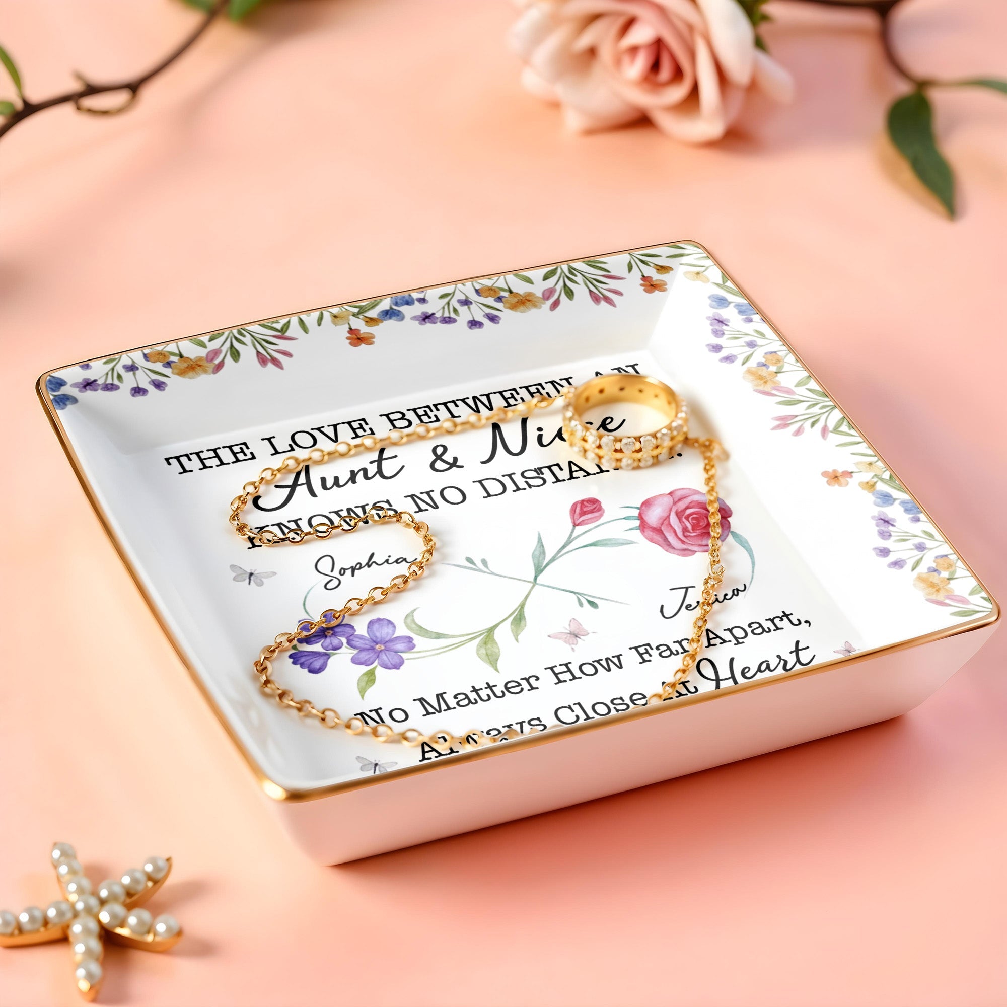 The Love Between An Aunt & Niece, Roses and Violets Design - Personalized Custom Jewelry Dish, Ceramic Dish, Square Shape - FAM752_SCRF