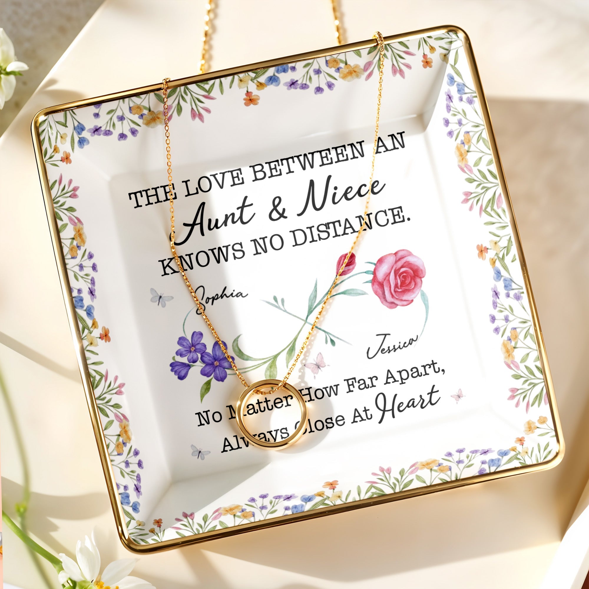 The Love Between An Aunt & Niece, Roses and Violets Design - Personalized Custom Jewelry Dish, Ceramic Dish, Square Shape - FAM752_SCRF