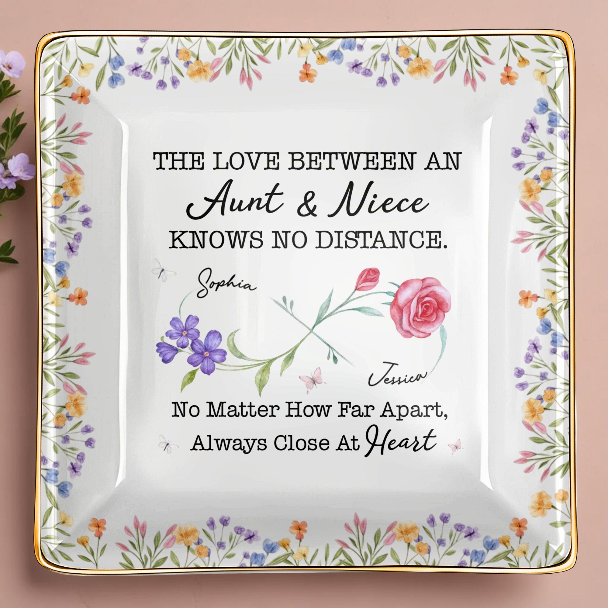 The Love Between An Aunt & Niece, Roses and Violets Design - Personalized Custom Jewelry Dish, Ceramic Dish, Square Shape - FAM752_SCRF