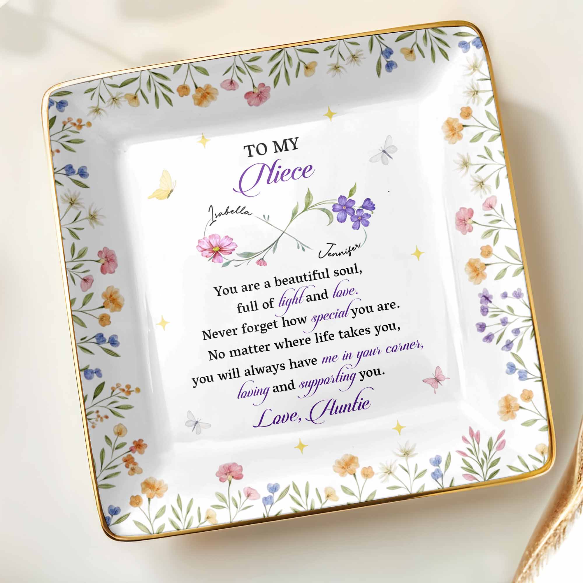 To My Niece, You Are a Beautiful Soul, Full Of Light And Love - Personalized Custom Jewelry Dish, Ceramic Dish, Square Shape - FAM755_SCRF