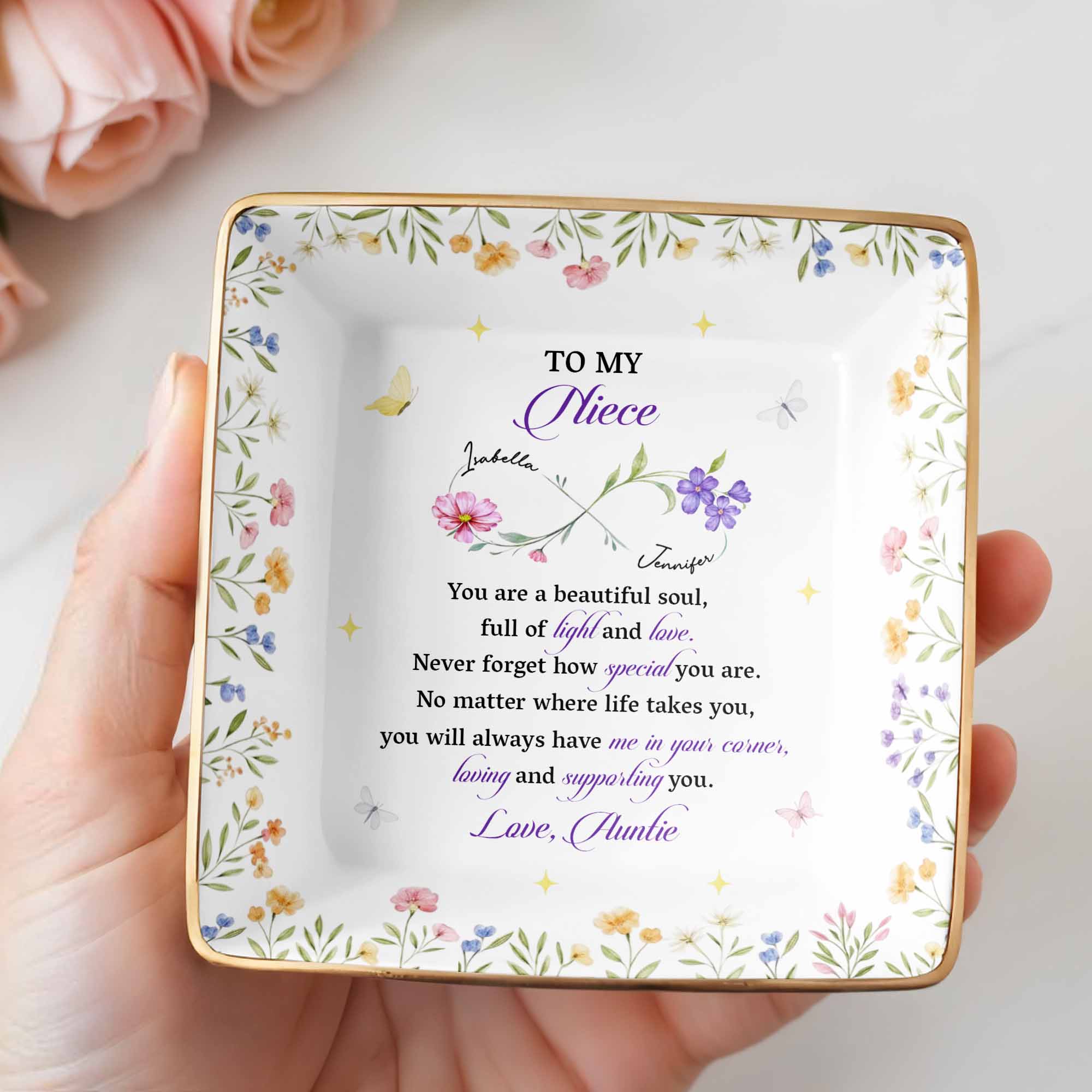To My Niece, You Are a Beautiful Soul, Full Of Light And Love - Personalized Custom Jewelry Dish, Ceramic Dish, Square Shape - FAM755_SCRF