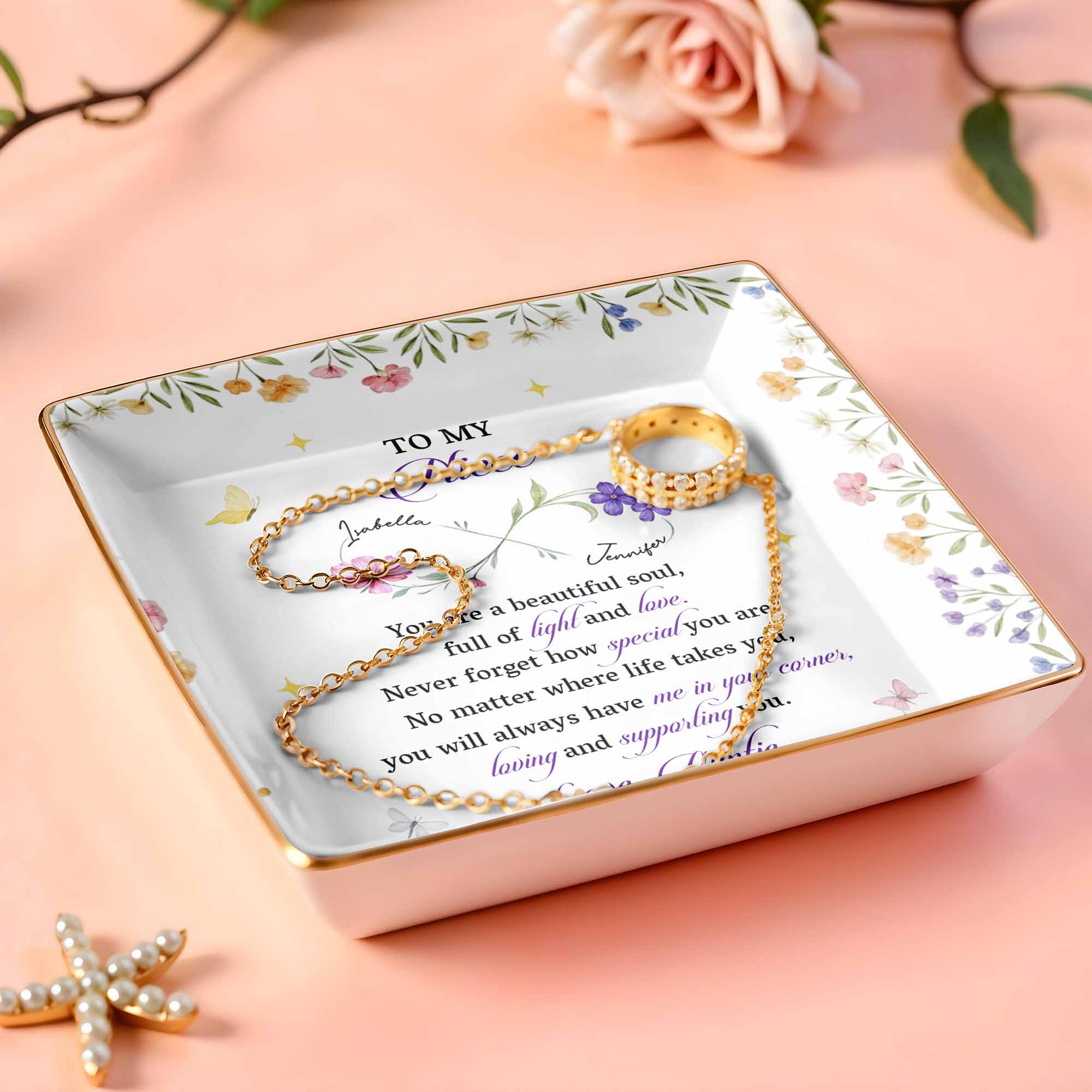 To My Niece, You Are a Beautiful Soul, Full Of Light And Love - Personalized Custom Jewelry Dish, Ceramic Dish, Square Shape - FAM755_SCRF