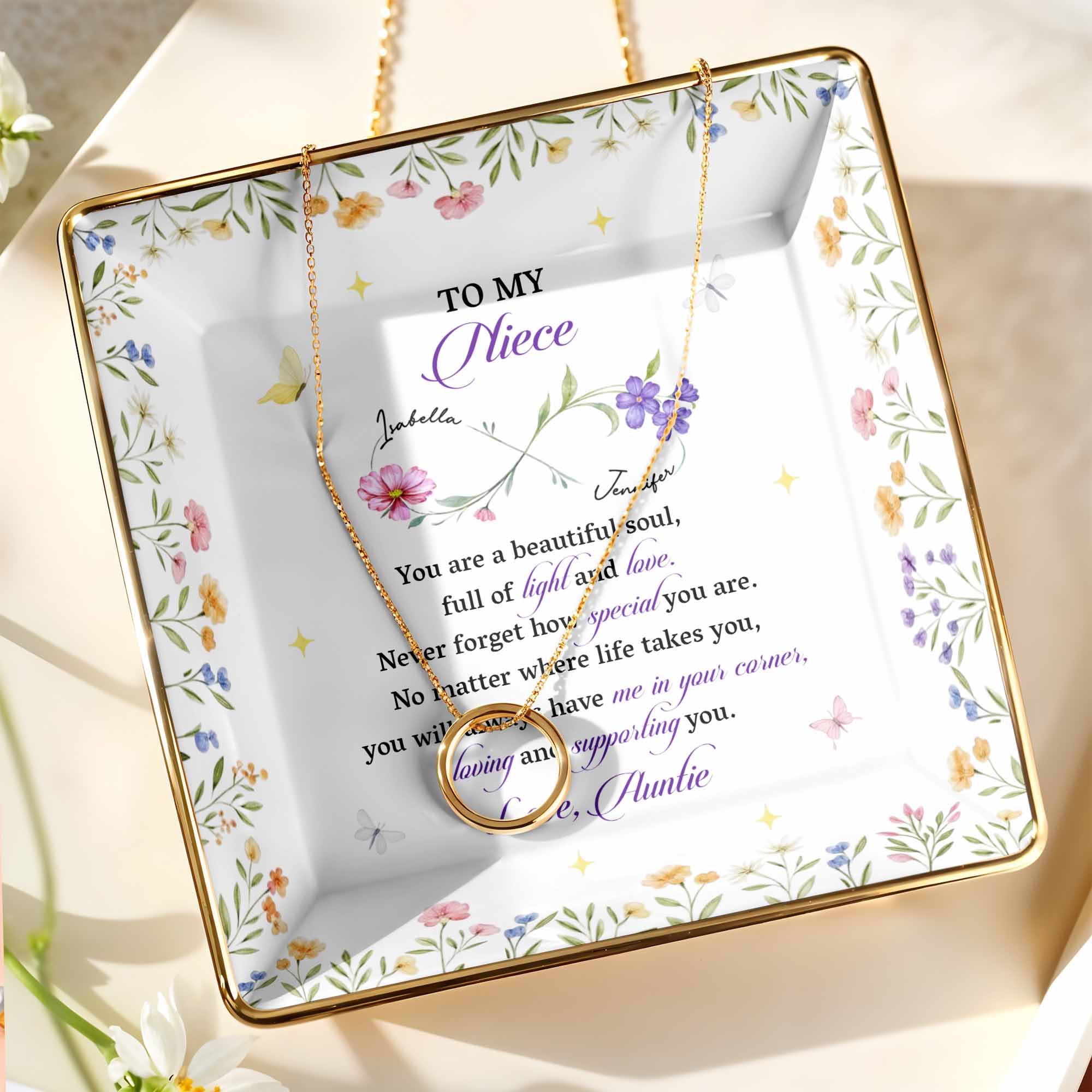 To My Niece, You Are a Beautiful Soul, Full Of Light And Love - Personalized Custom Jewelry Dish, Ceramic Dish, Square Shape - FAM755_SCRF