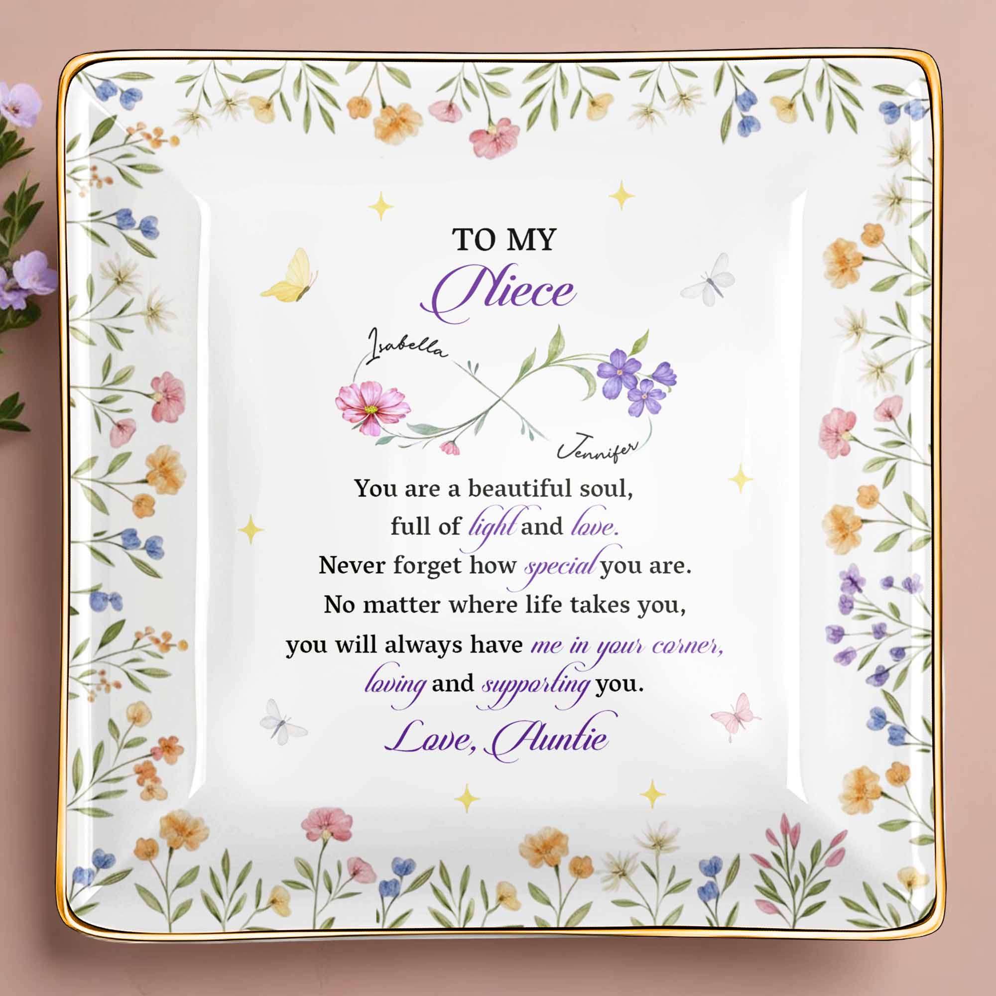 To My Niece, You Are a Beautiful Soul, Full Of Light And Love - Personalized Custom Jewelry Dish, Ceramic Dish, Square Shape - FAM755_SCRF