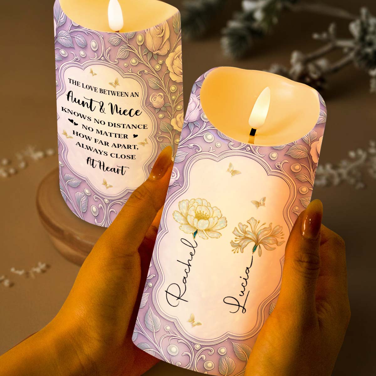 The Love Between An Aunt & Niece, Flowers And Butterflies - Personalized Custom LED Candle - FAM765_LECA