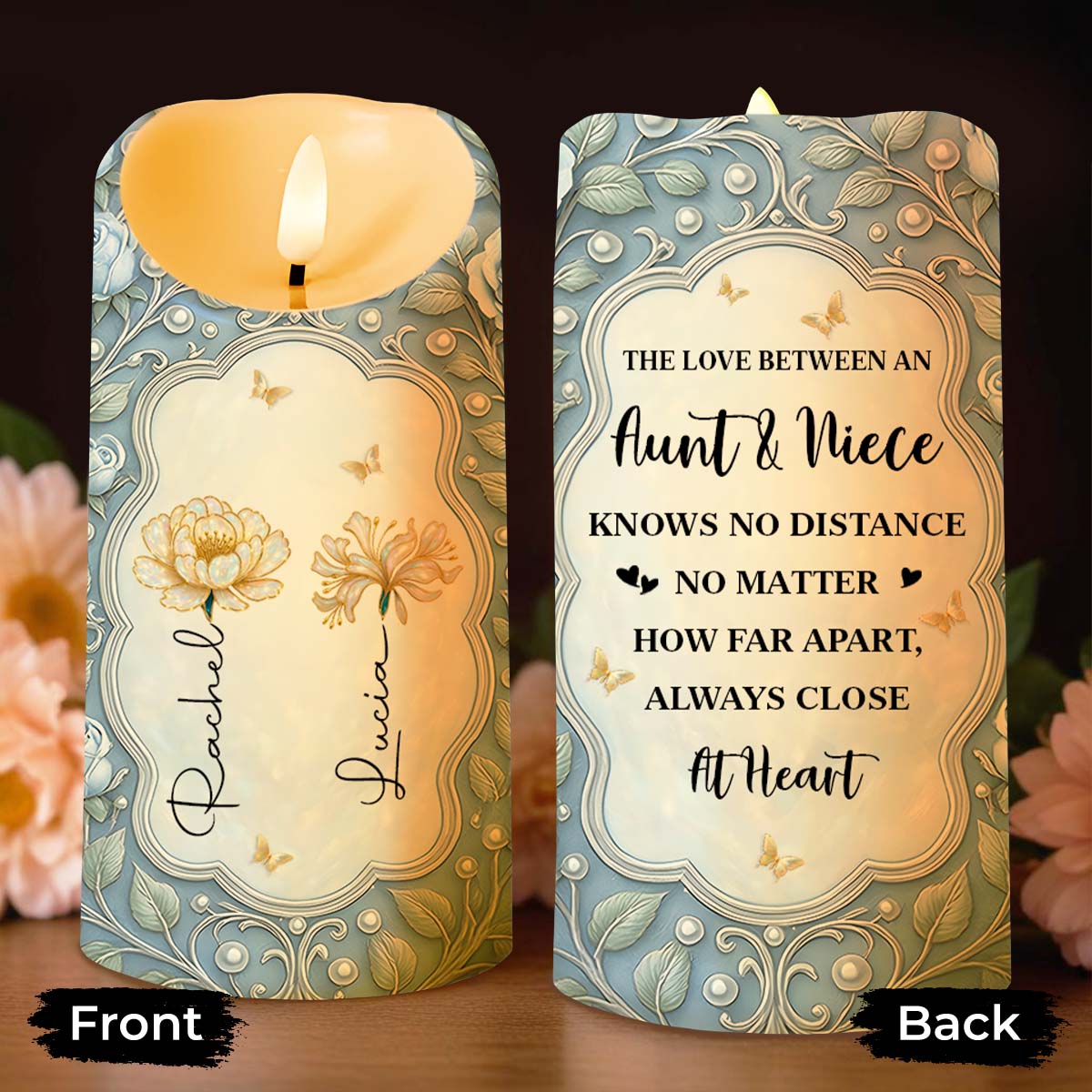 The Love Between An Aunt & Niece, Flowers And Butterflies - Personalized Custom LED Candle - FAM765_LECA
