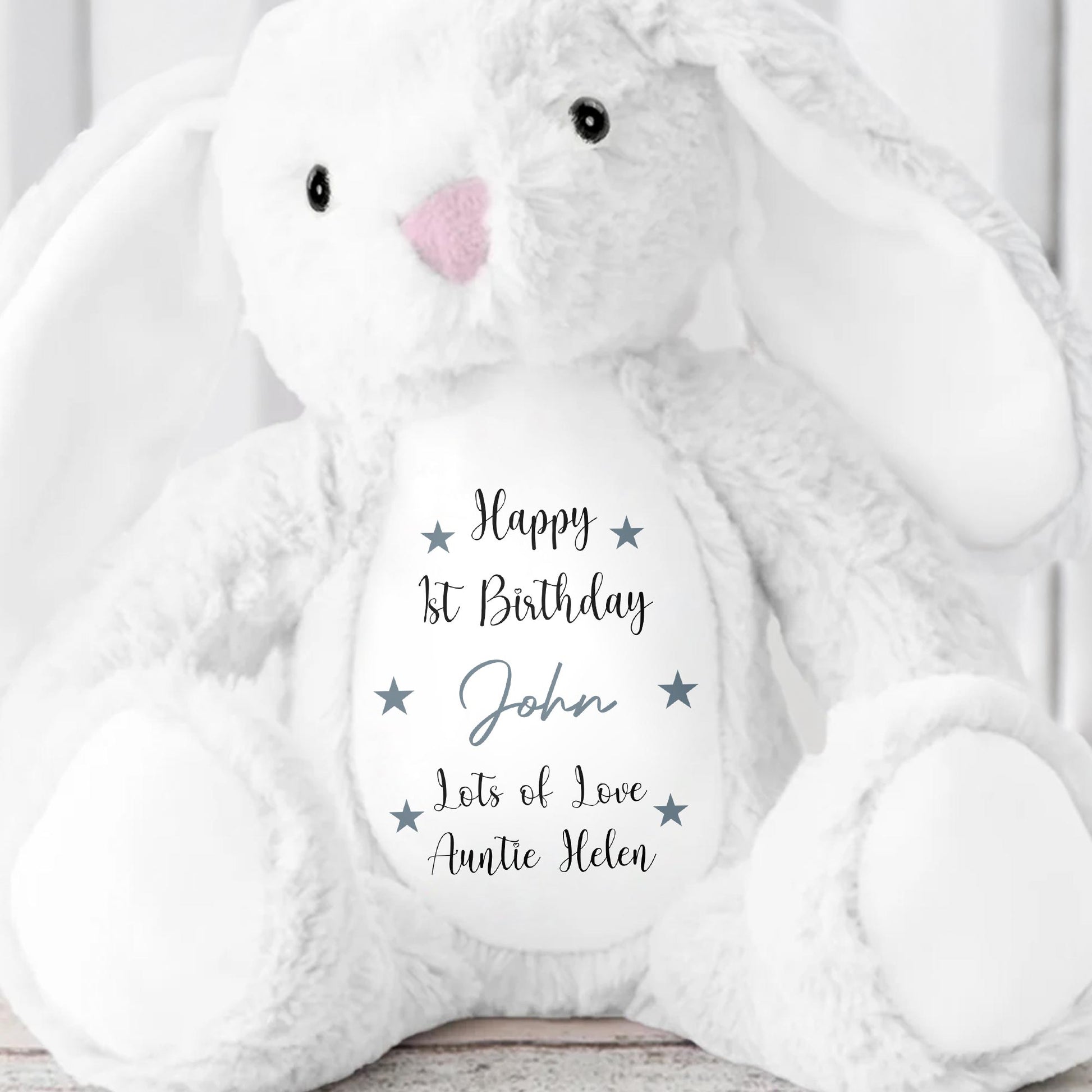 Happy 1st Birthday, Lots Of Love, Stuffed Bunny With Stars - Personalized Stuffed Bunny - FAM771_BUN