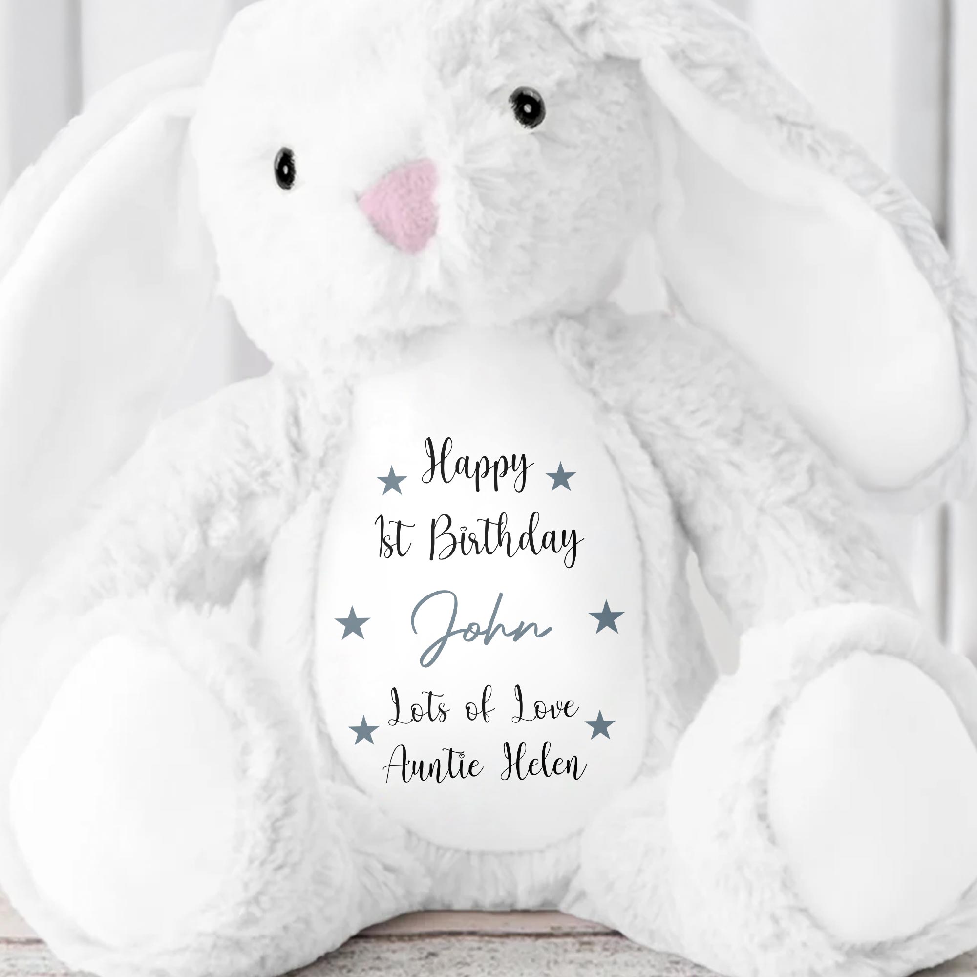 Happy 1st Birthday, Lots Of Love, Stuffed Bunny With Stars - Personalized Stuffed Bunny - FAM771_BUN