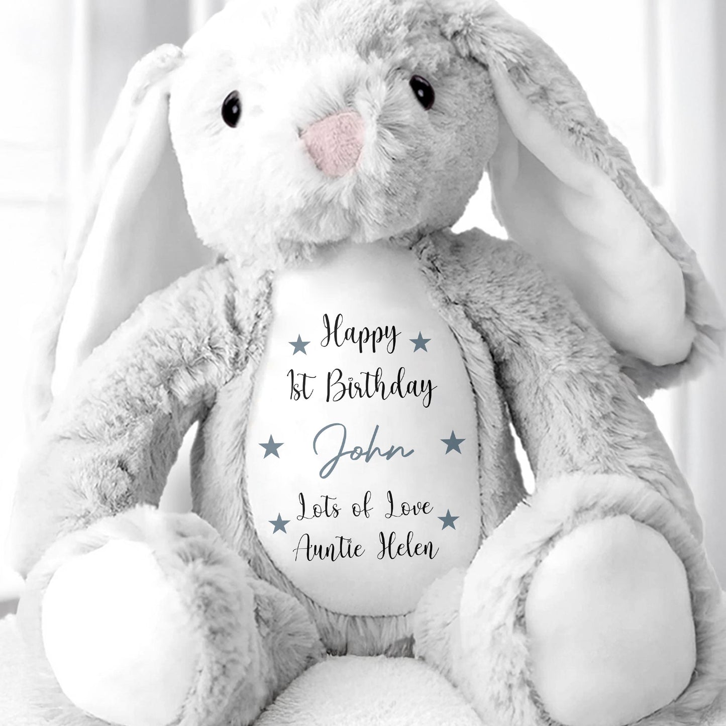 Happy 1st Birthday, Lots Of Love, Stuffed Bunny With Stars - Personalized Stuffed Bunny - FAM771_BUN