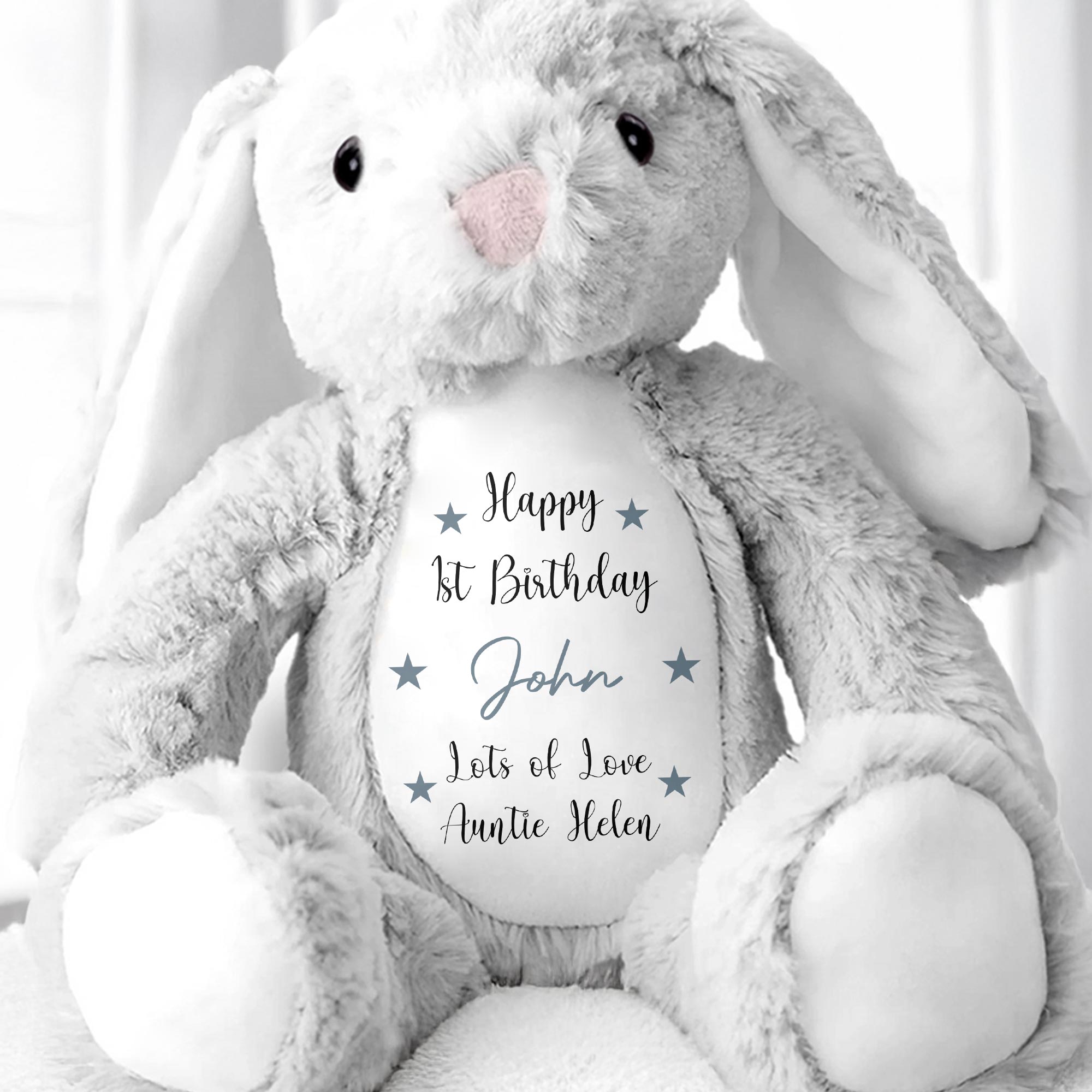 Happy 1st Birthday, Lots Of Love, Stuffed Bunny With Stars - Personalized Stuffed Bunny - FAM771_BUN