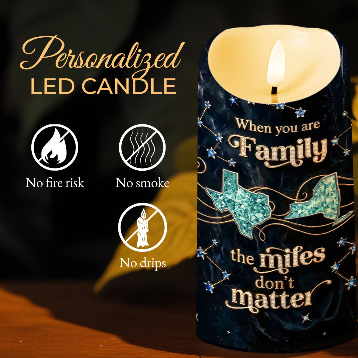 When You Are Family, The Miles Don't Matter, Stars - Personalized Custom LED Candle - FAM772_LECA