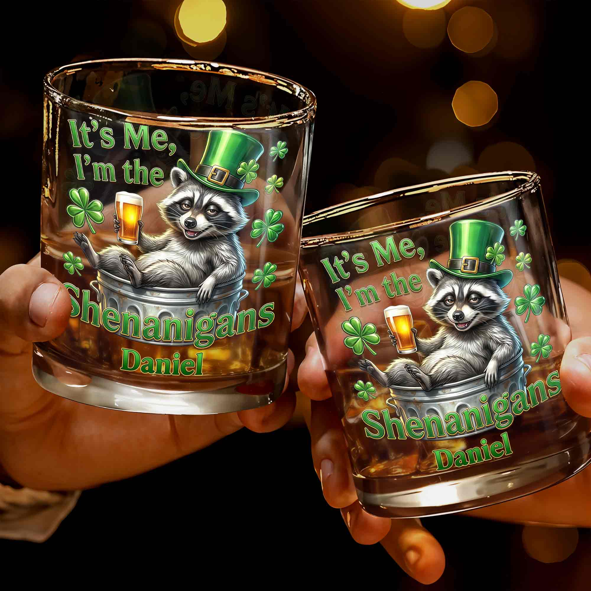 It's Me, I'm The Shenanigans Raccoon Leprechaun Hat Clovers - Personalized Custom Whiskey Glass - FAM801_RWG