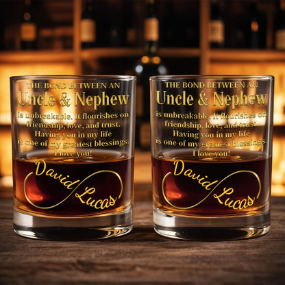 The Bond Between An Uncle And Nephew Infinity Ring Golden Text - Personalized Custom Whiskey Glass - FAM831_RWG