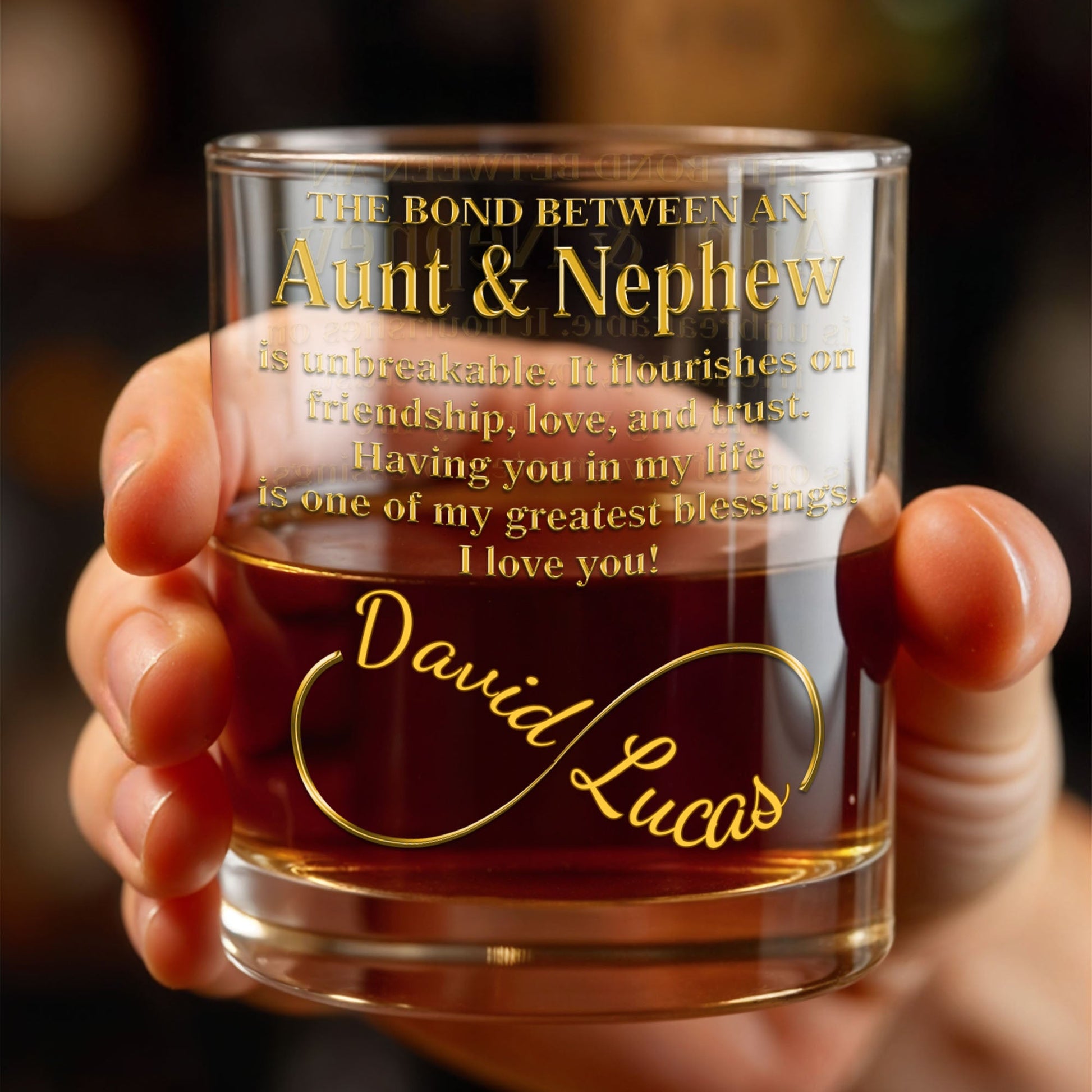 The Bond Between An Uncle And Nephew Infinity Ring Golden Text - Personalized Custom Whiskey Glass - FAM831_RWG