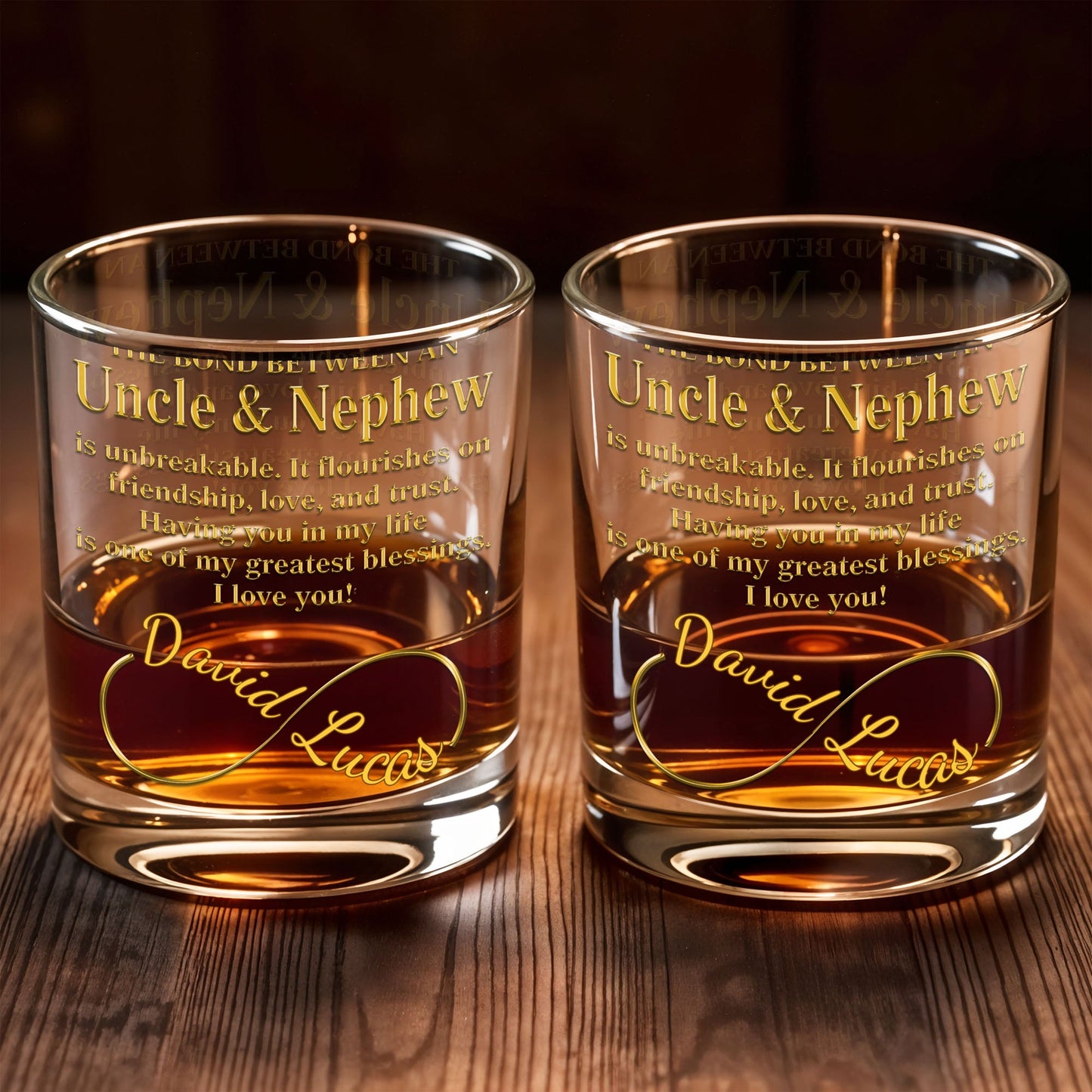 The Bond Between An Uncle And Nephew Infinity Ring Golden Text - Personalized Custom Whiskey Glass - FAM831_RWG