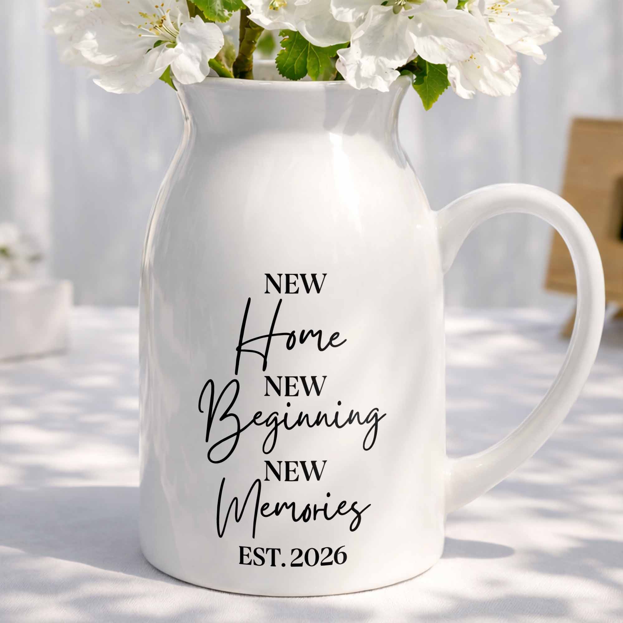 New Home New Beginning New Memories Est. Custom Ceramic Flower Vase - Personalized Ceramic Flower Vase